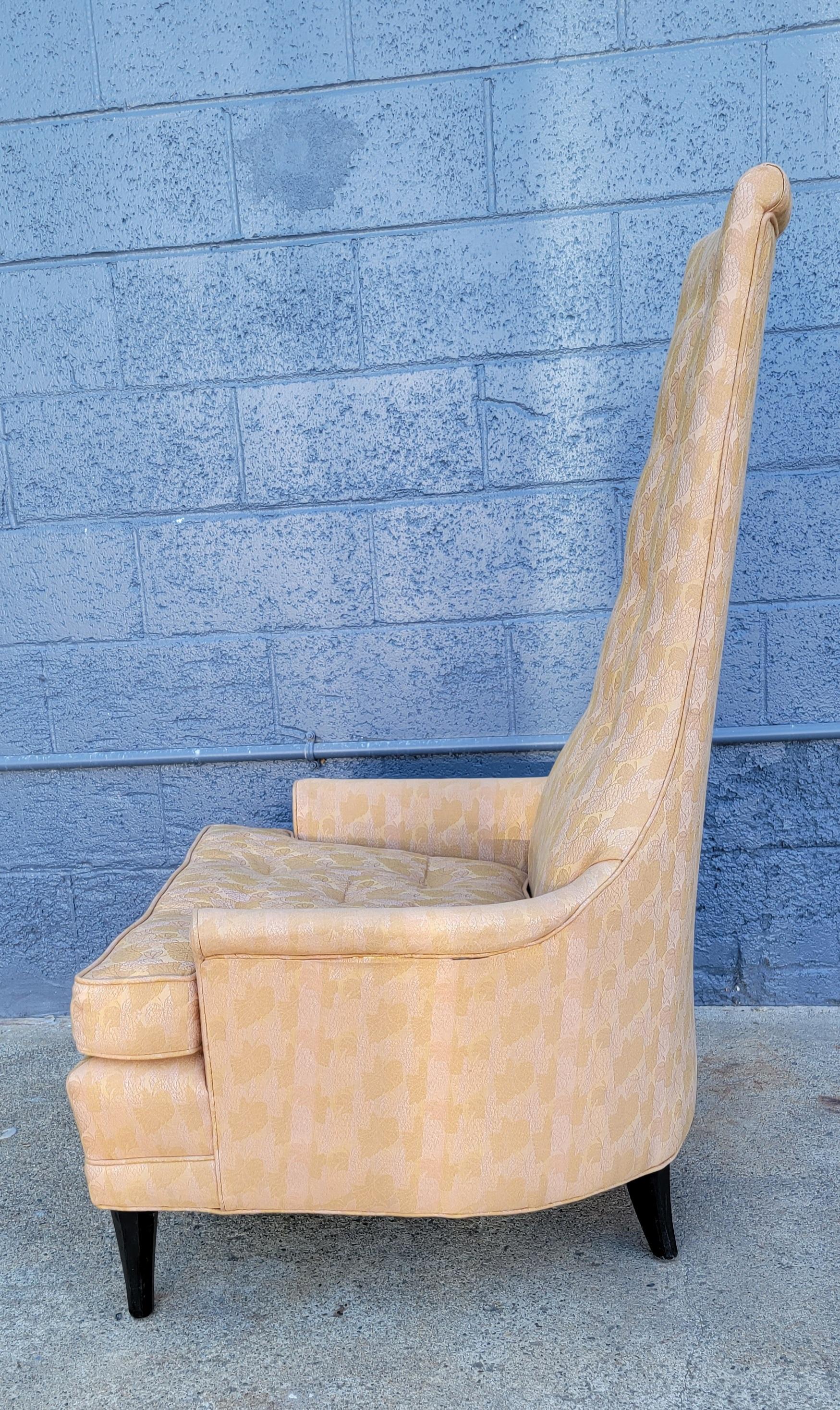 Classic 1950's Modern Hollywood Regency high-back lounge chair. Designed in the manner of Adrian Pearsall. Reversible seat cushion. Appears to be an older re-upholstery in excellent vintage condition.