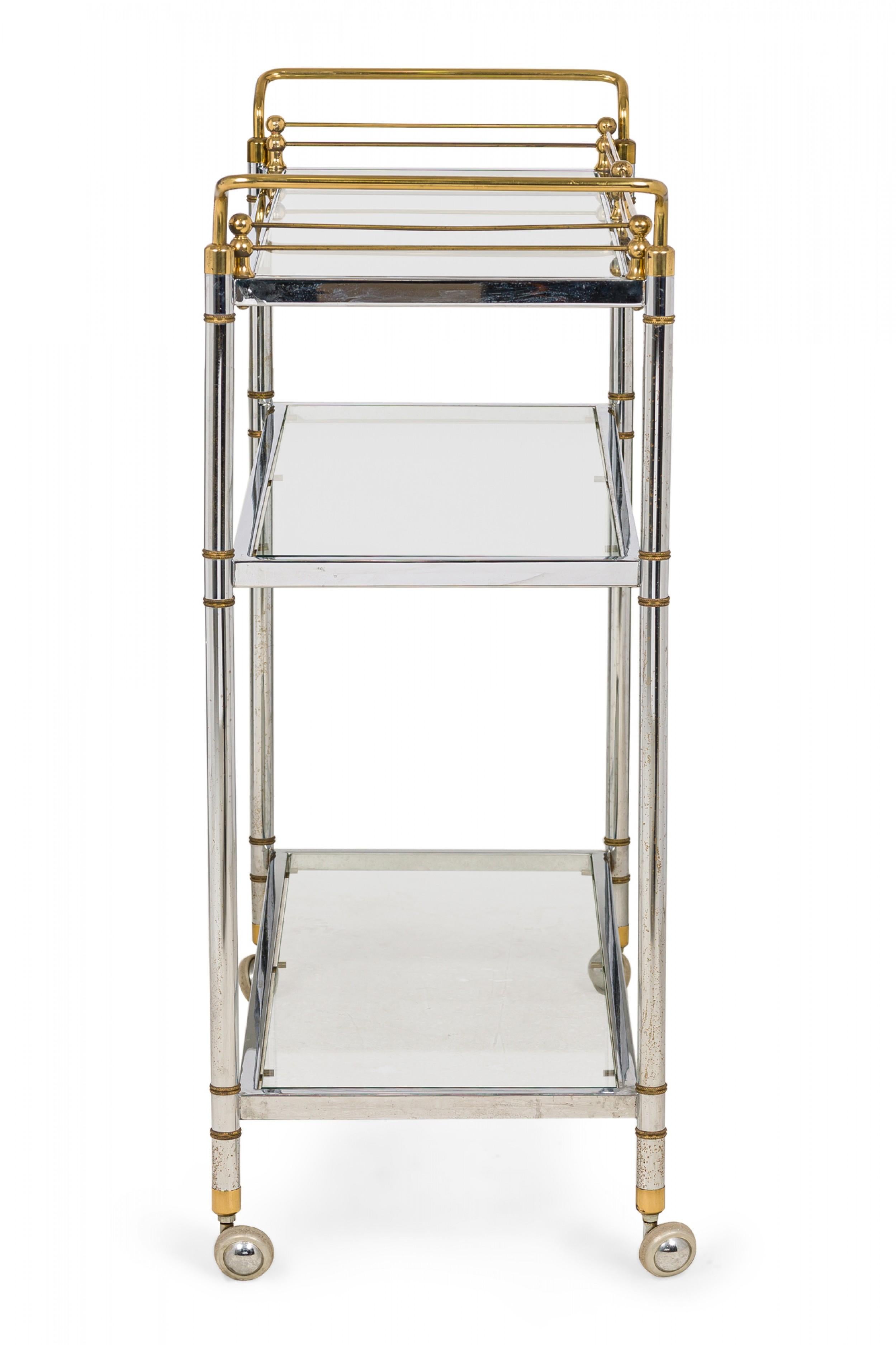 Mid-Century Modern Hollywood Regency High Style Chrome and Brass Three-Tier Serving Trolley For Sale