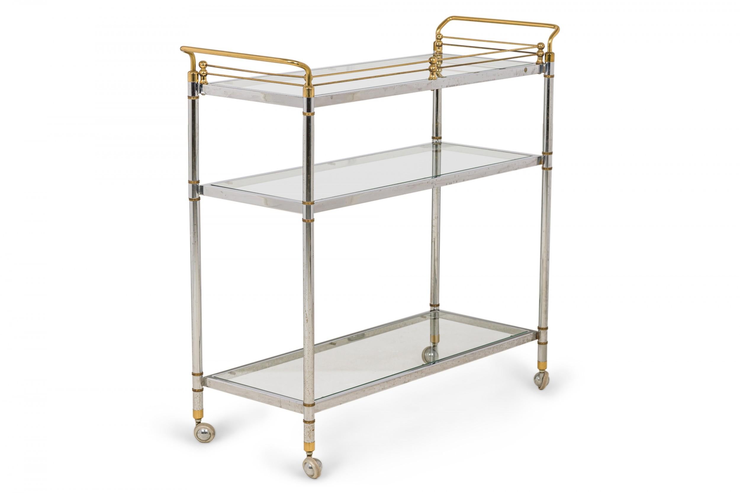 Hollywood Regency High Style Chrome and Brass Three-Tier Serving Trolley In Good Condition For Sale In New York, NY