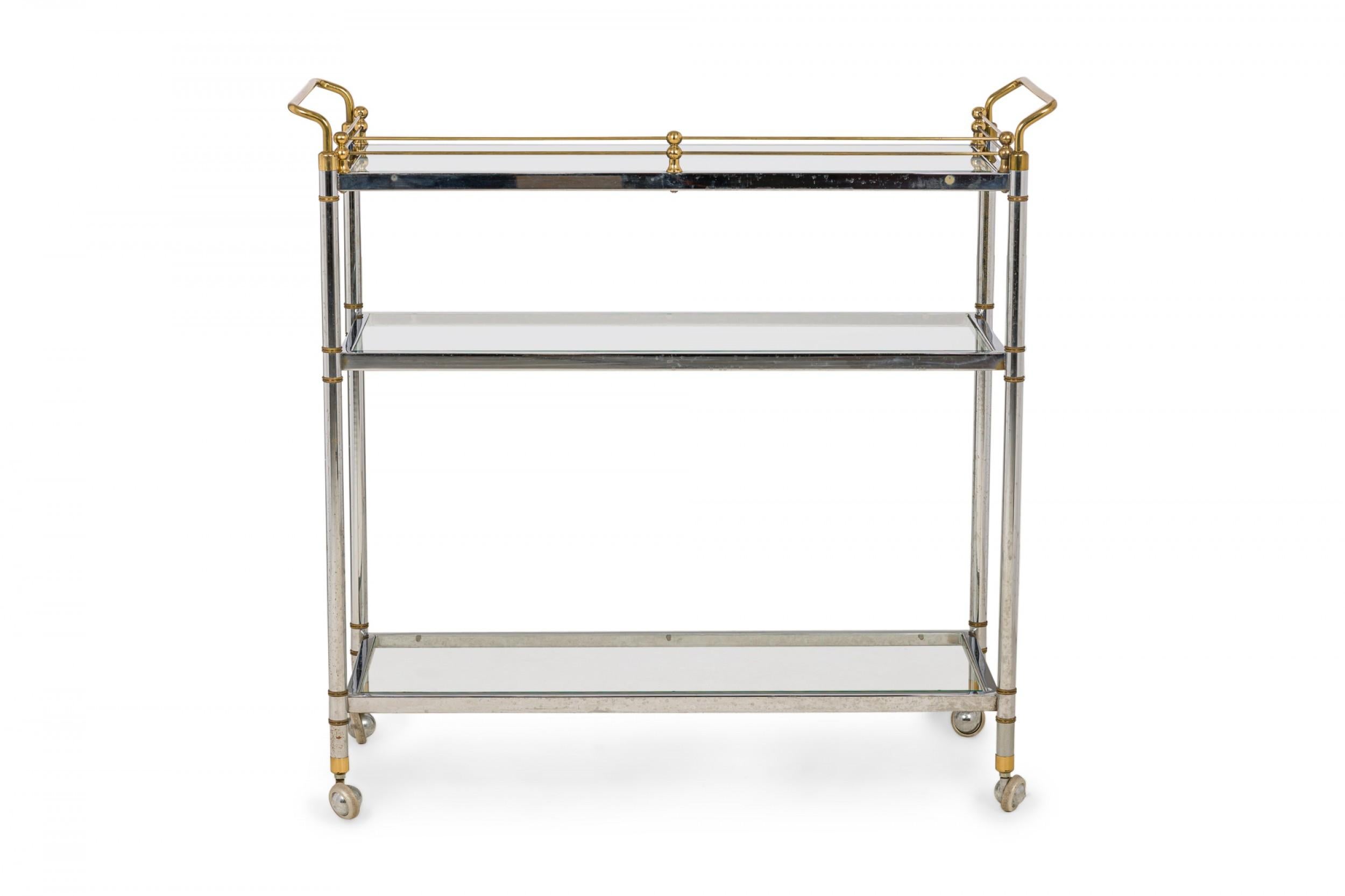 20th Century Hollywood Regency High Style Chrome and Brass Three-Tier Serving Trolley For Sale