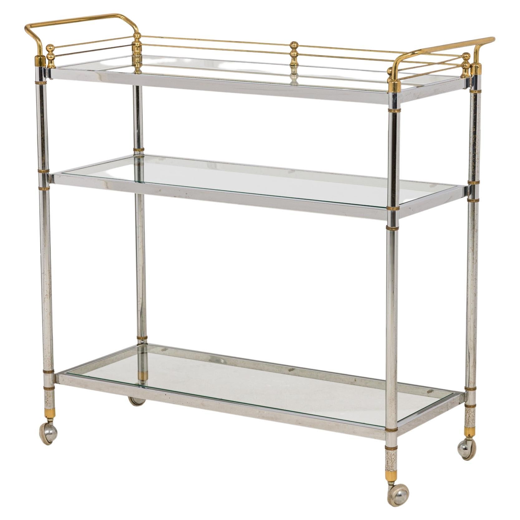 Hollywood Regency High Style Chrome and Brass Three-Tier Serving Trolley For Sale