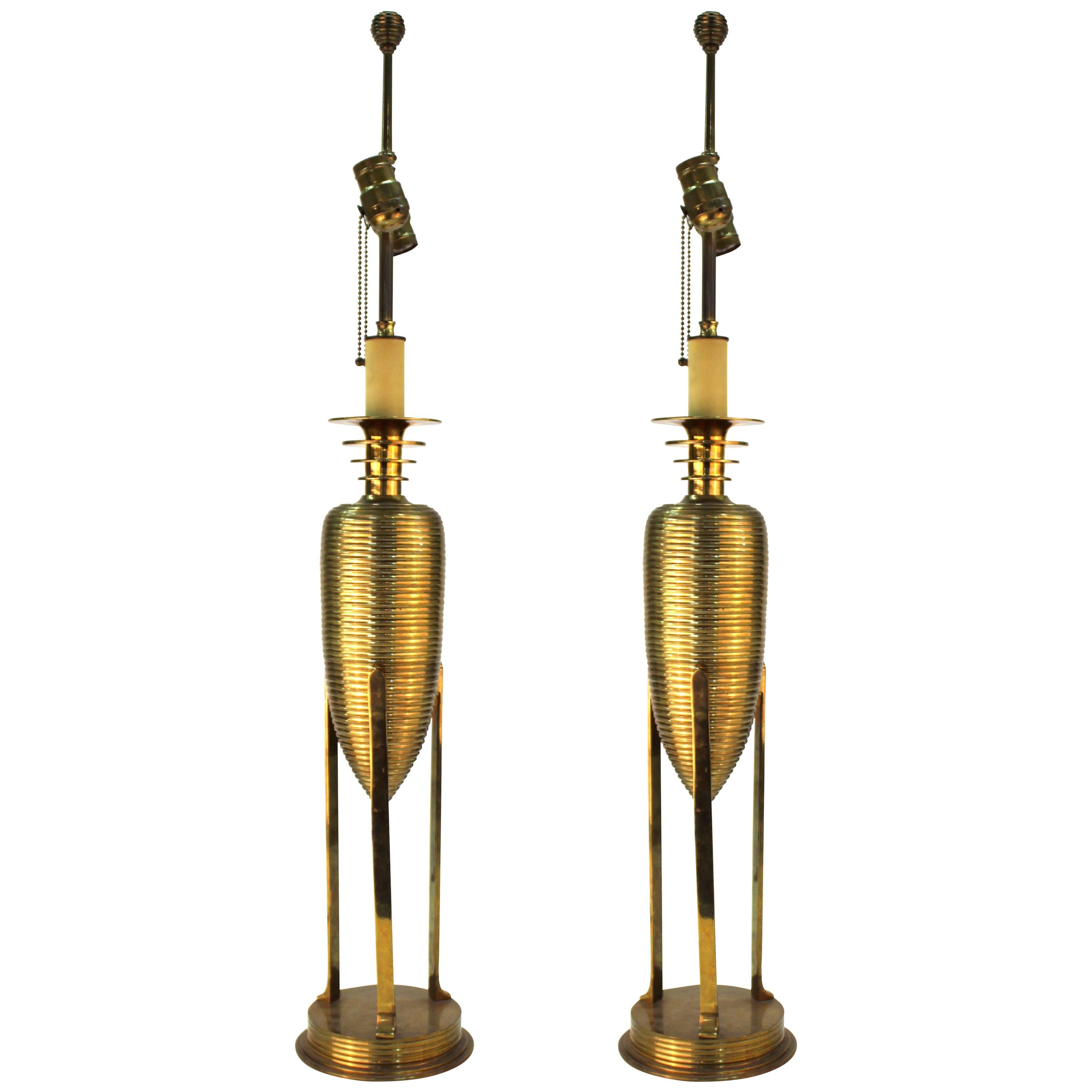 Hollywood Regency Honeycomb Brass Table Lamps