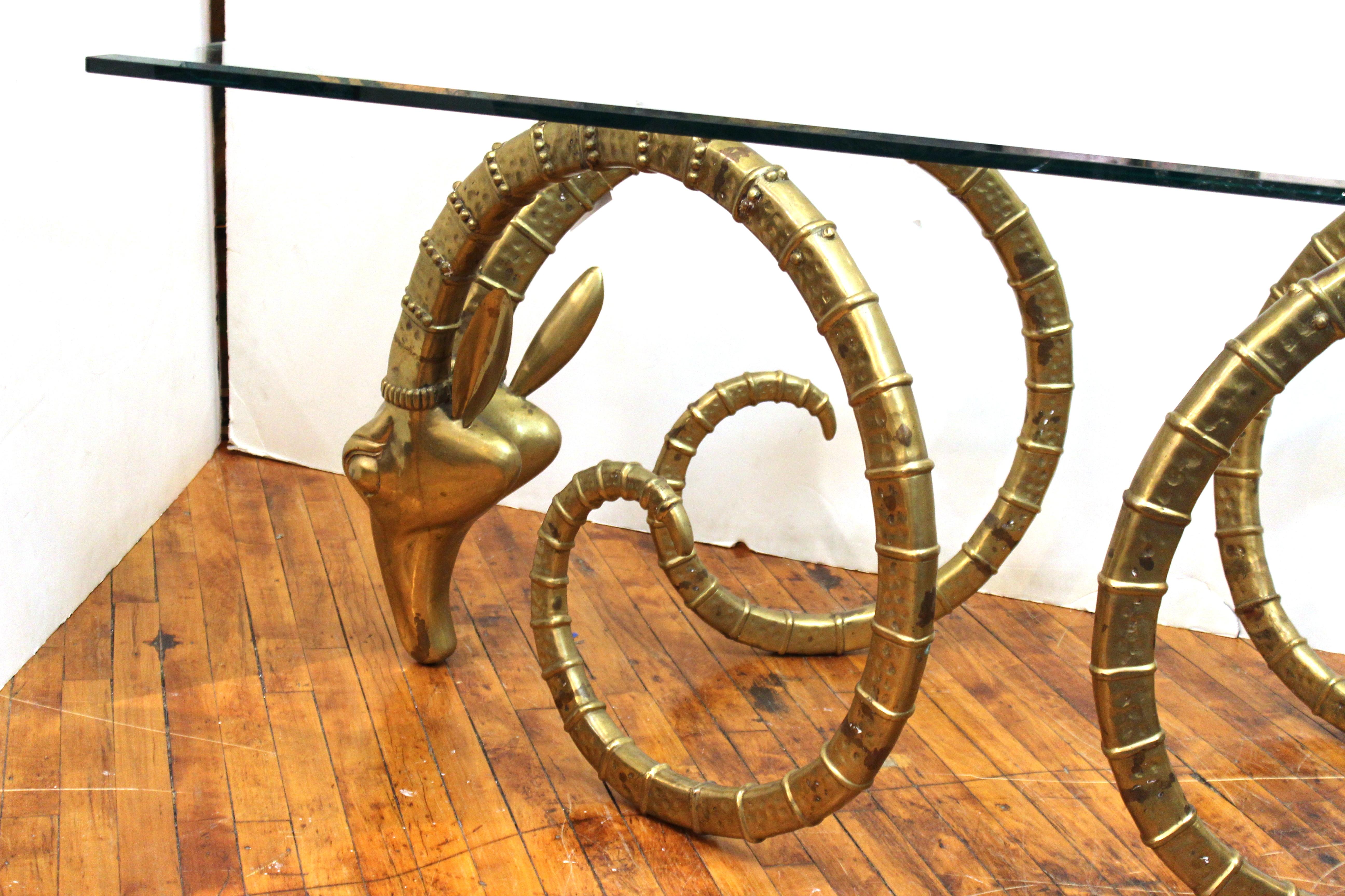 Brass Hollywood Regency Ibex Head Dining Table Attributed to Chervet For Sale