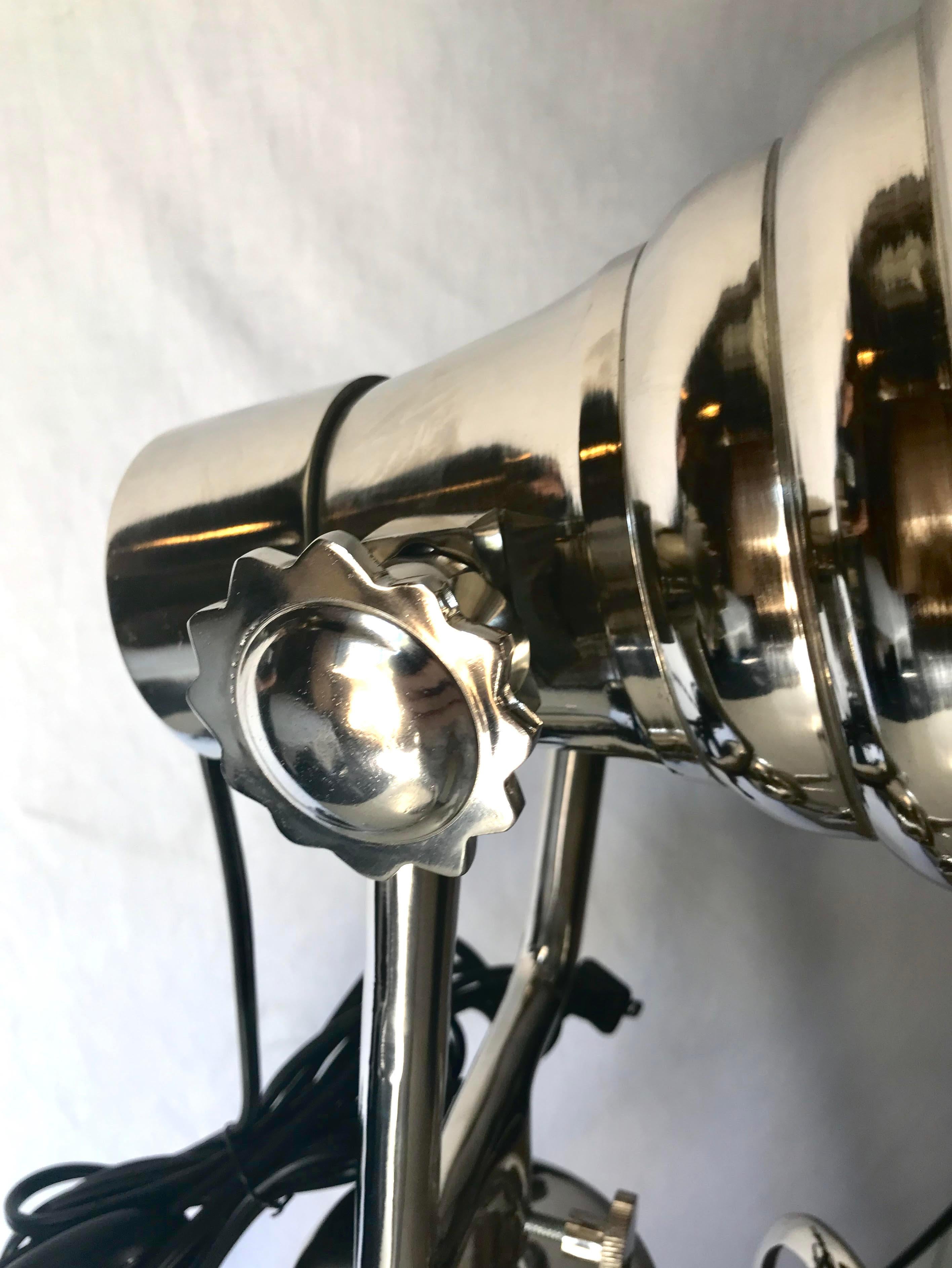 Hollywood Regency Industrial Chrome Spotlight Floor Lamps with Tripod Stand In Excellent Condition In Stamford, CT