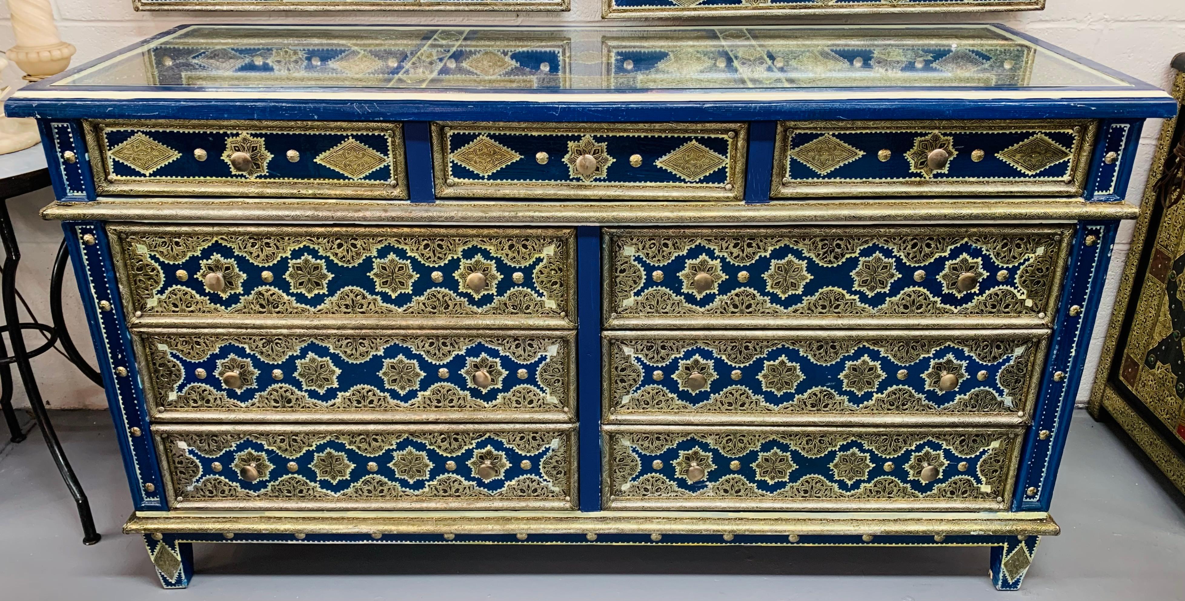 Brass Hollywood Regency Inlaid Blue Large Sideboard, Commode or Dresser