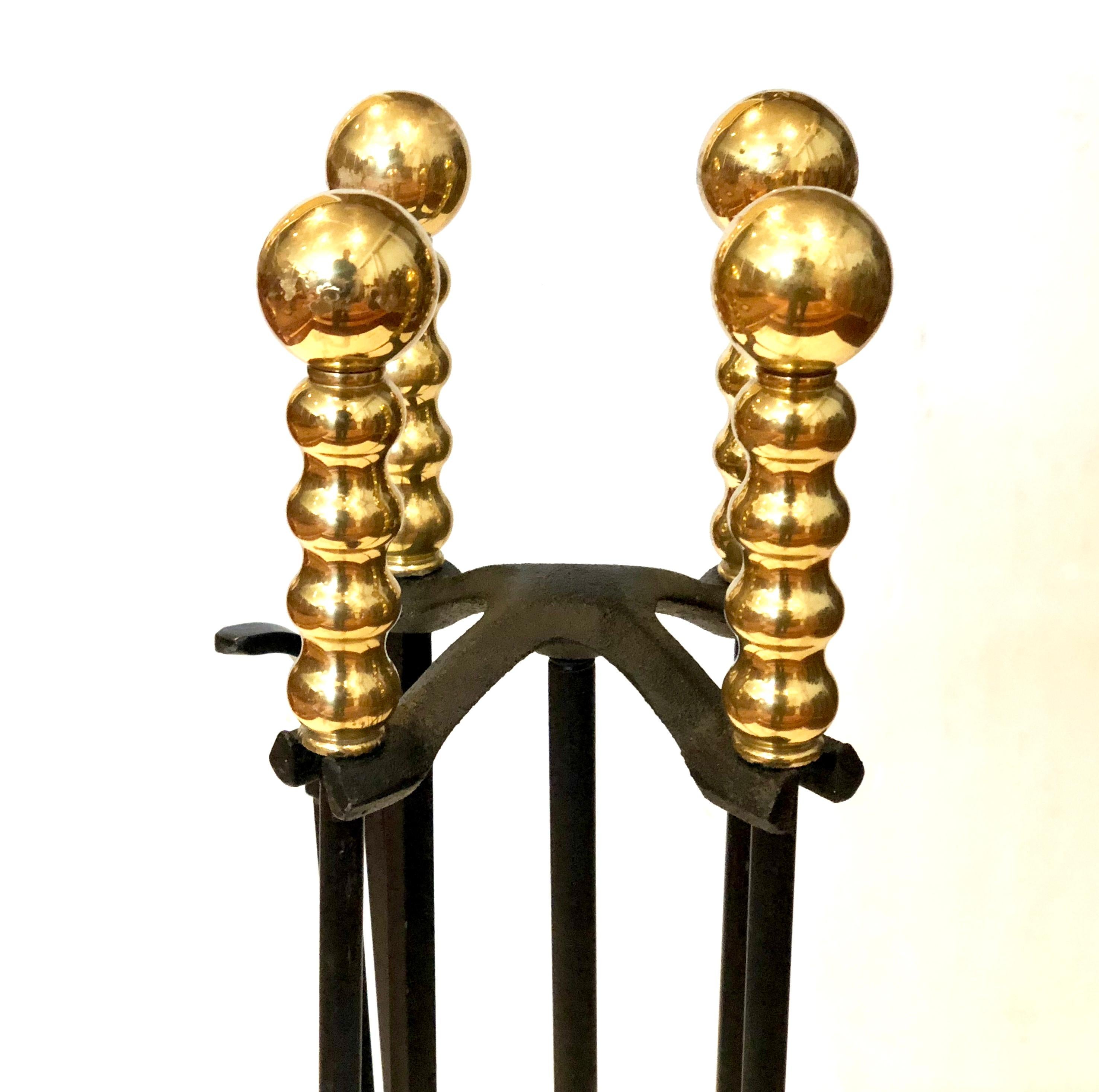 American Hollywood Regency Iron and Brass Fireplace Tool Set by Pilgrim