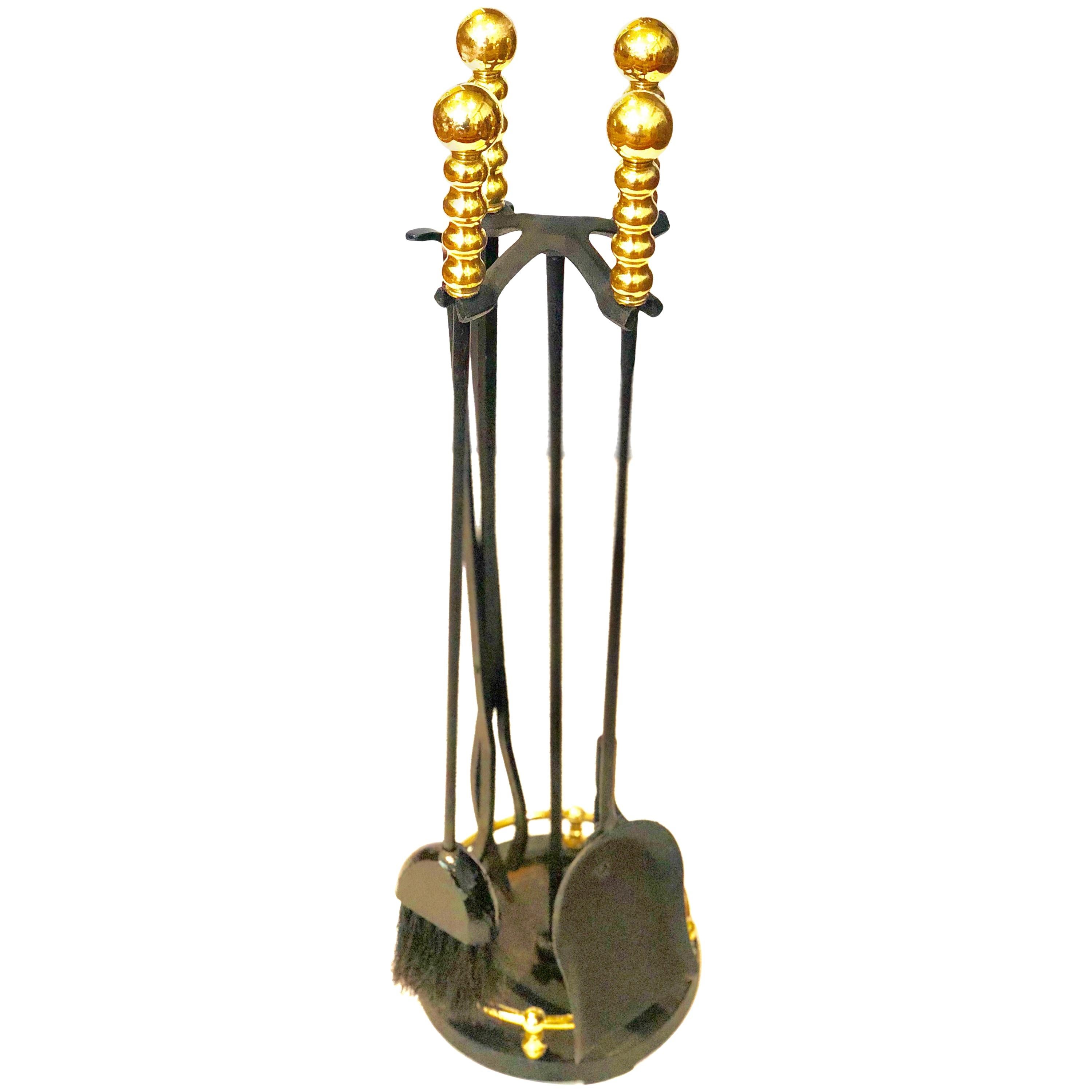 Hollywood Regency Iron and Brass Fireplace Tool Set by Pilgrim