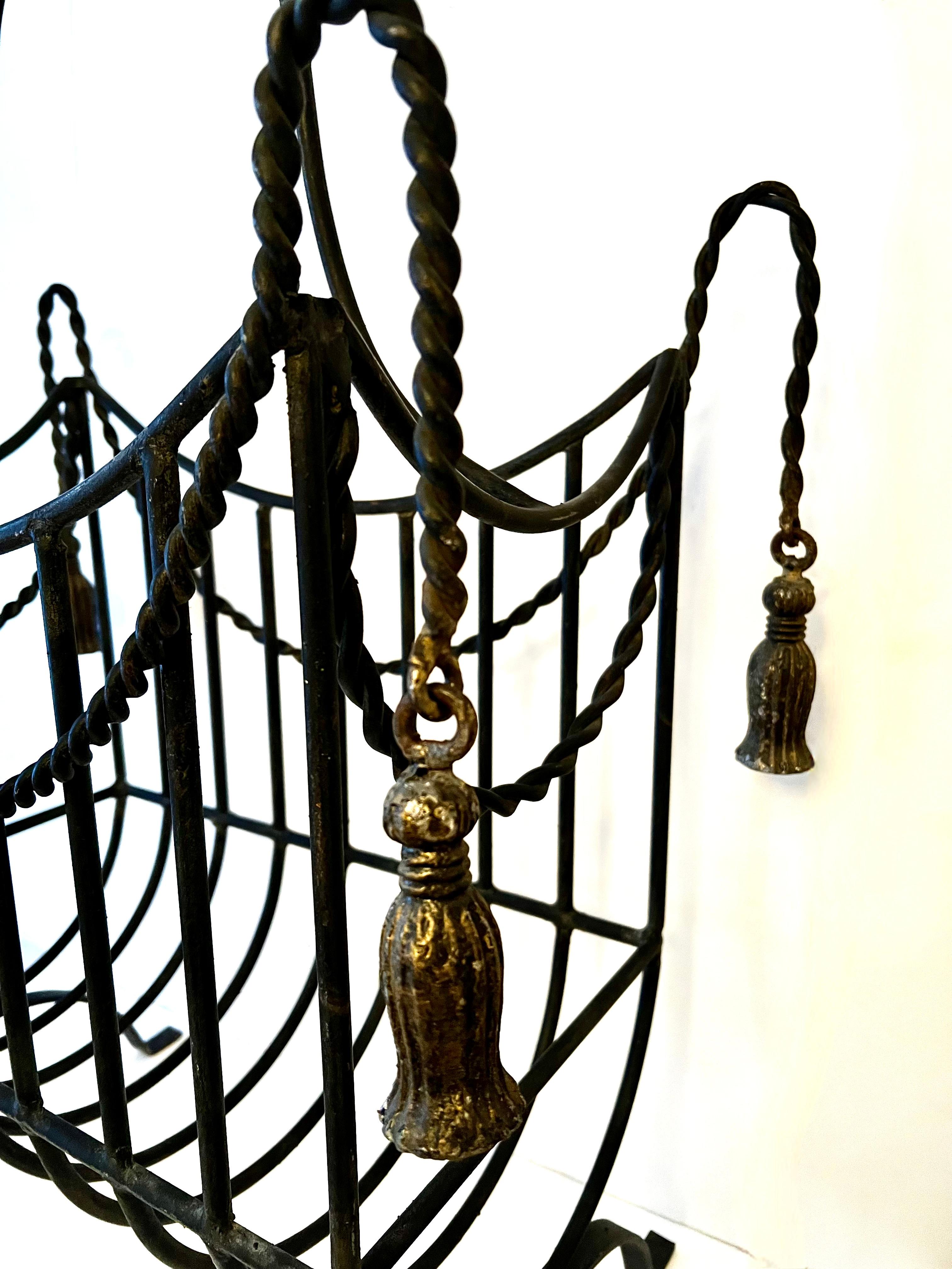Hollywood Regency Iron Firewood or Kindling Holder with Metal Tassels In Good Condition For Sale In Los Angeles, CA