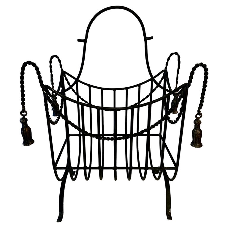 Hollywood Regency Iron Firewood or Kindling Holder with Metal Tassels