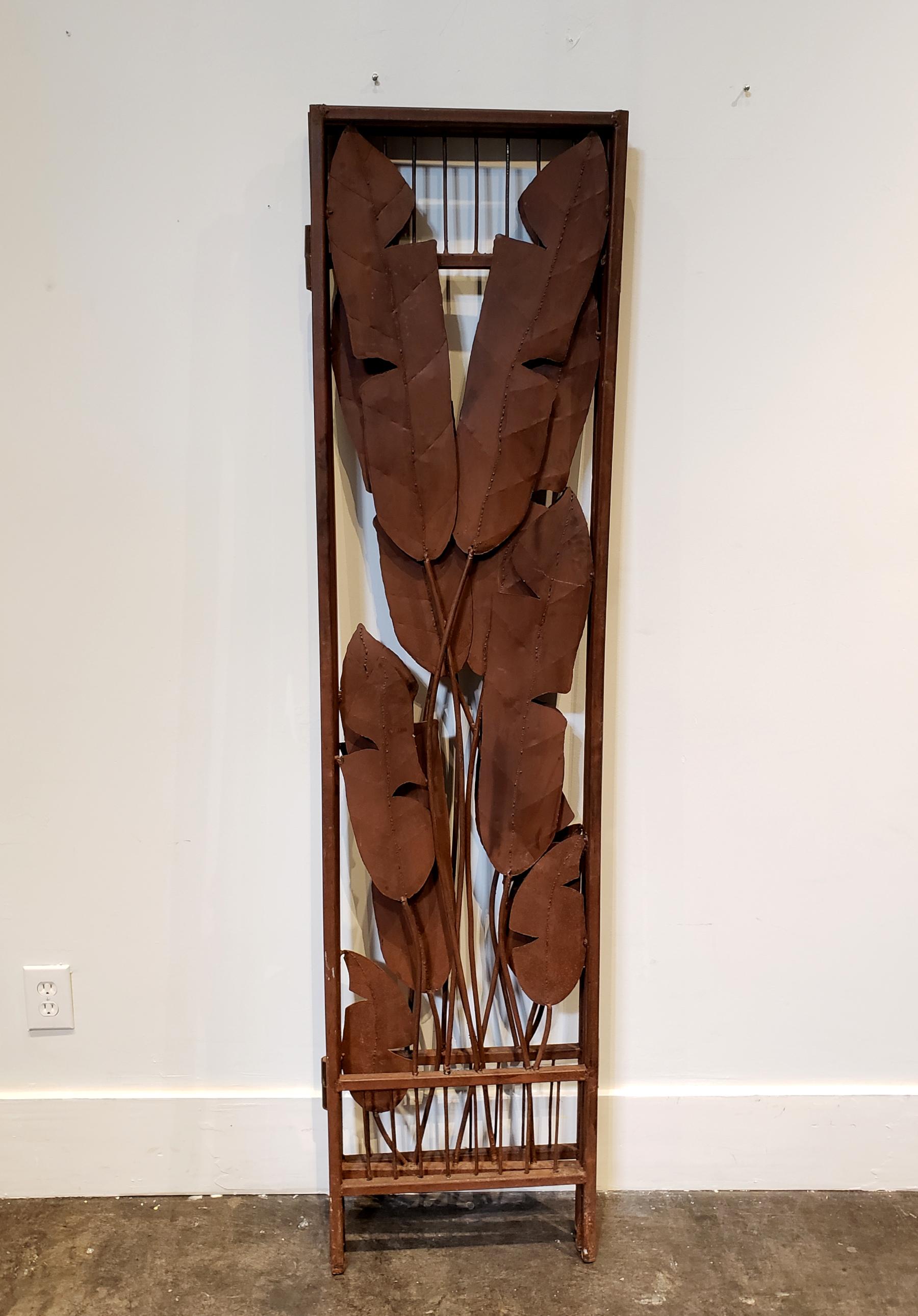 American Hollywood Regency Iron Folding Screen with Banana Leaf Motif For Sale