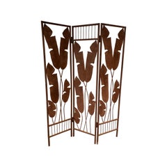 Vintage Hollywood Regency Iron Folding Screen with Banana Leaf Motif