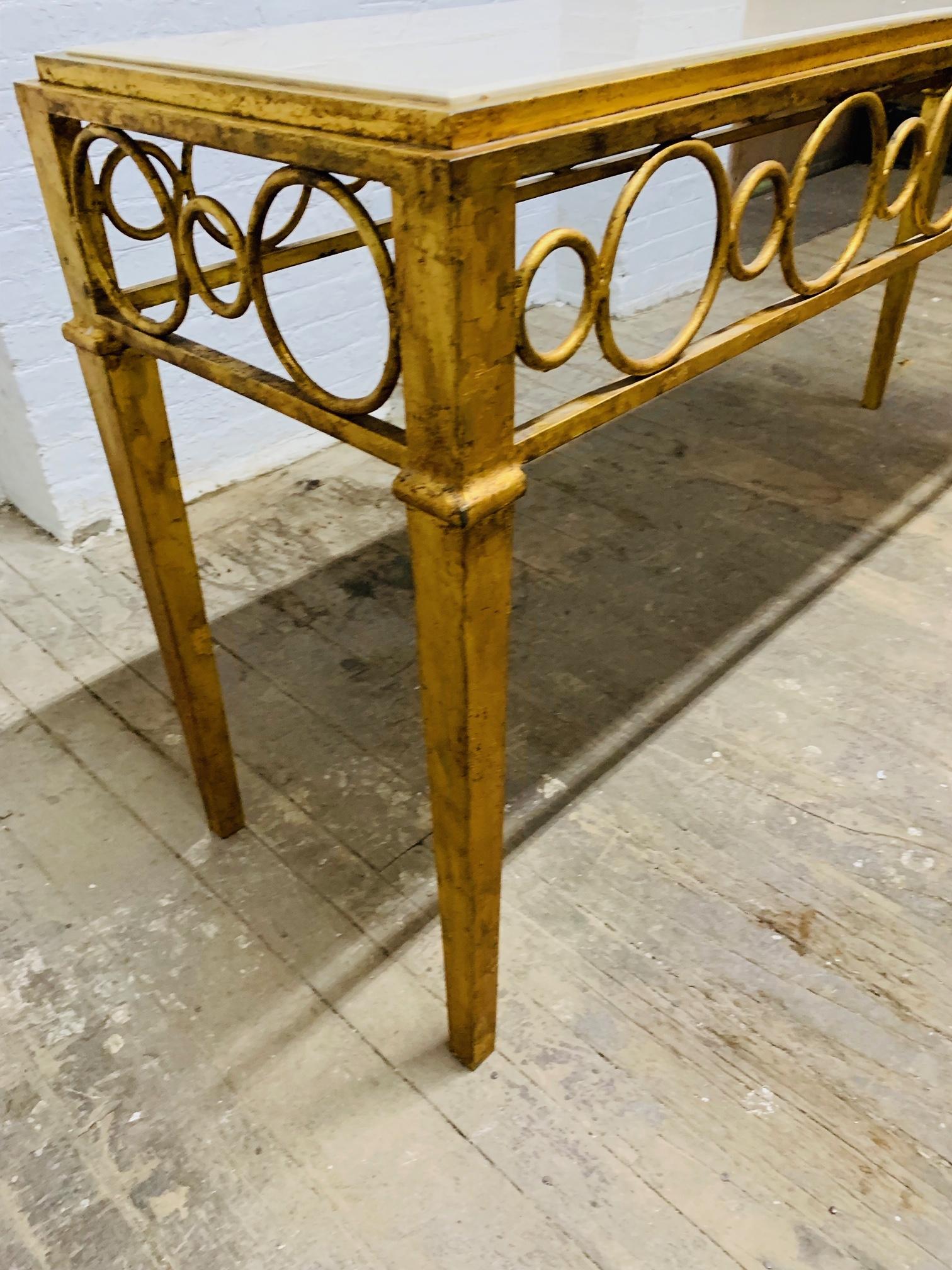 Hollywood Regency Iron Gold Gilt Marble-Top Console In Good Condition For Sale In New York, NY