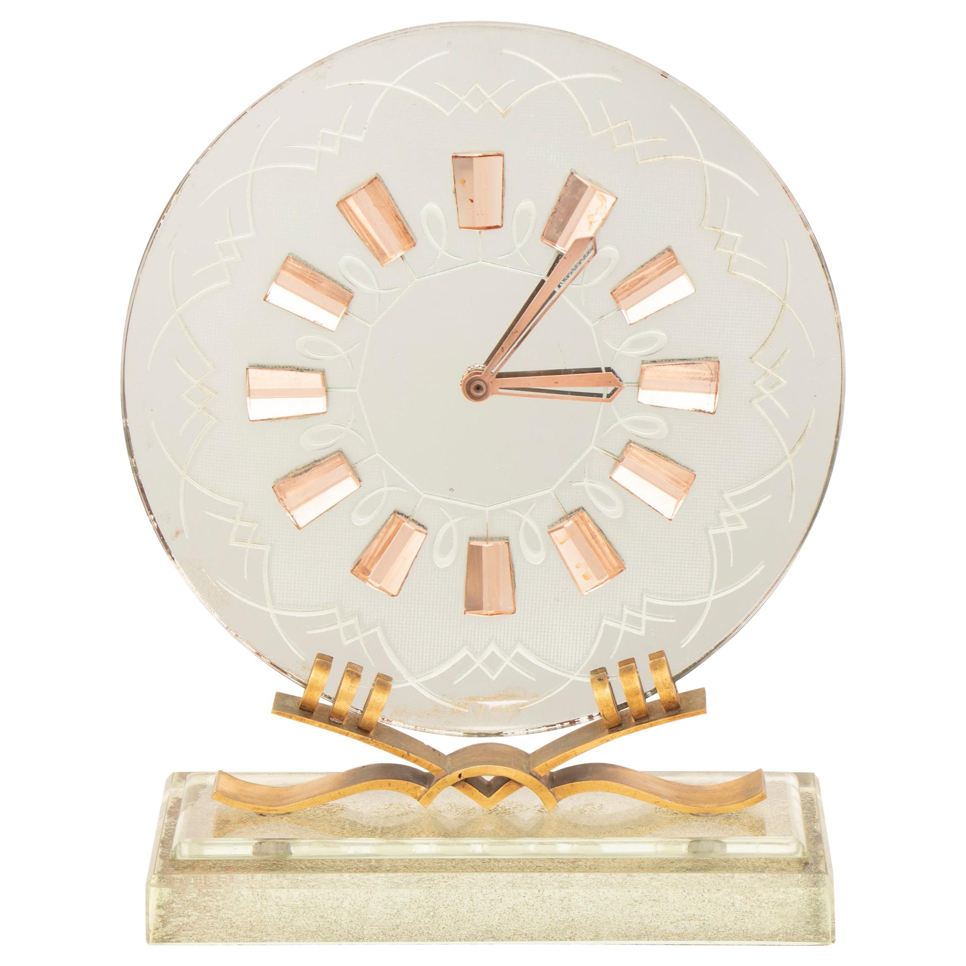 Hollywood Regency Italian Art Deco Mirror Glass Clock on Glass Base For Sale