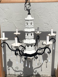 Hollywood Regency Italian Blanc De Chine Pagoda Chandelier with Opaline Drops