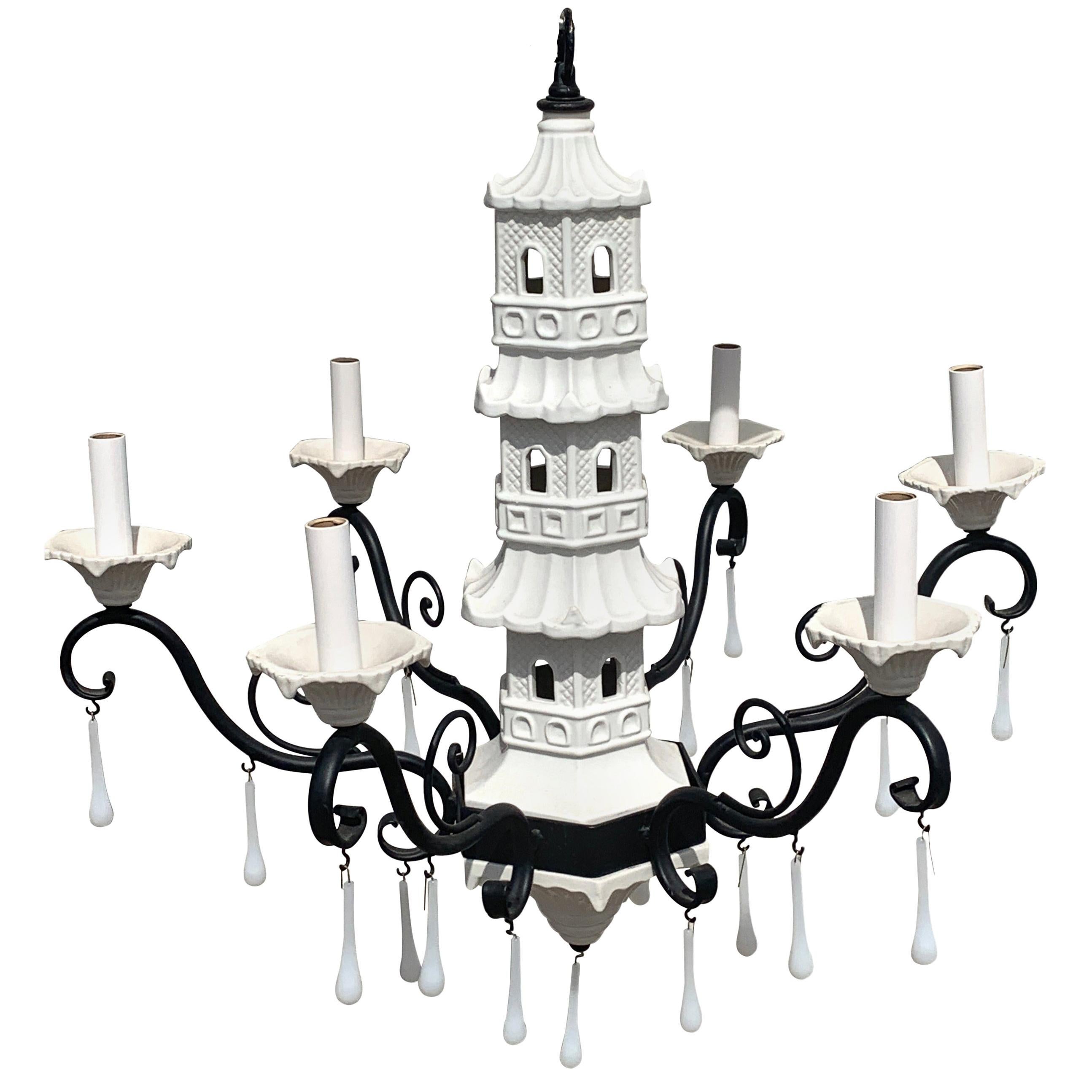 Hollywood Regency Italian Blanc De Chine Pagoda Chandelier with Opaline Drops