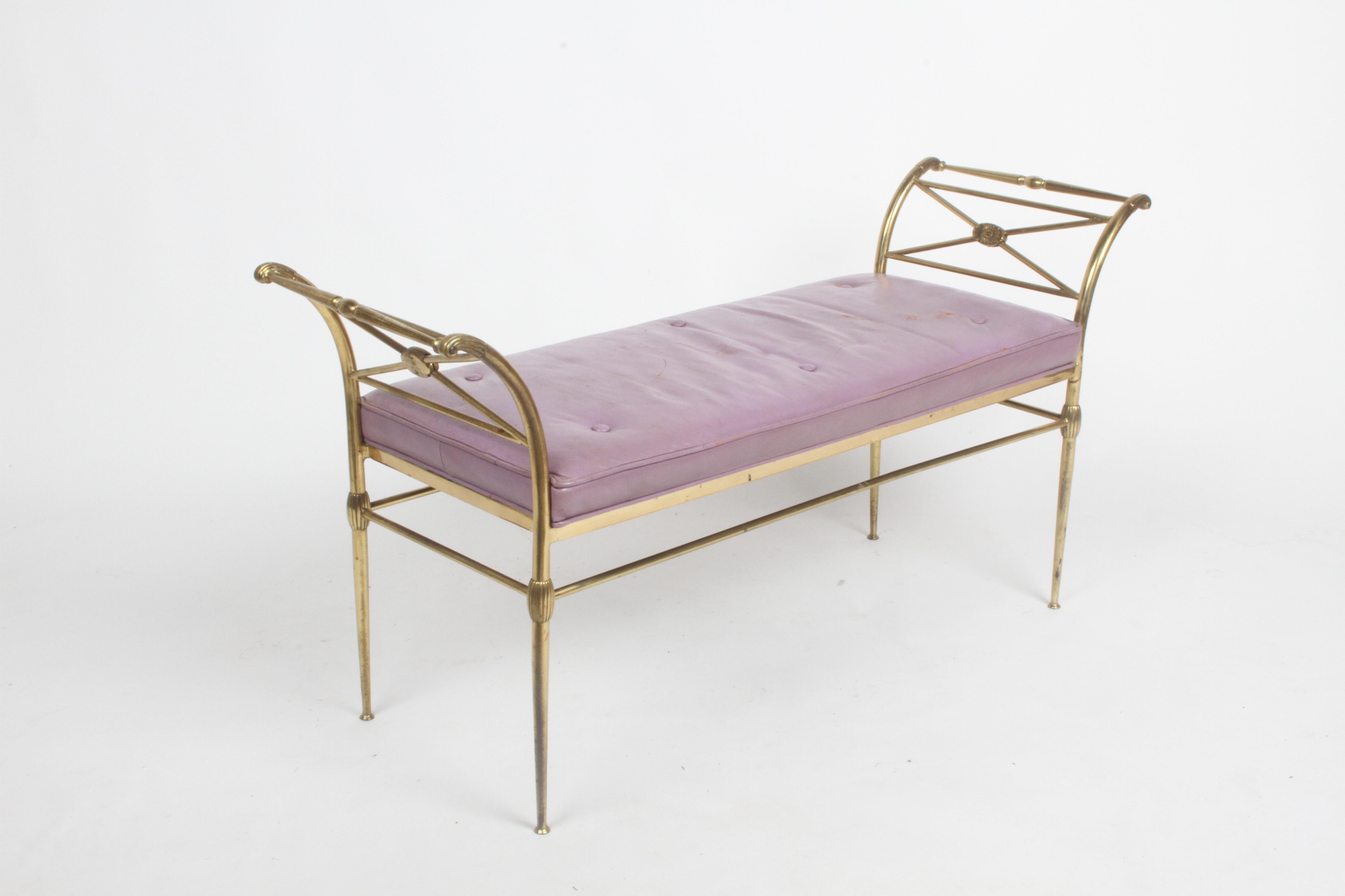 Hollywood Regency Italian Brass Bench with Arms on Tapered Legs Violet Leather 6