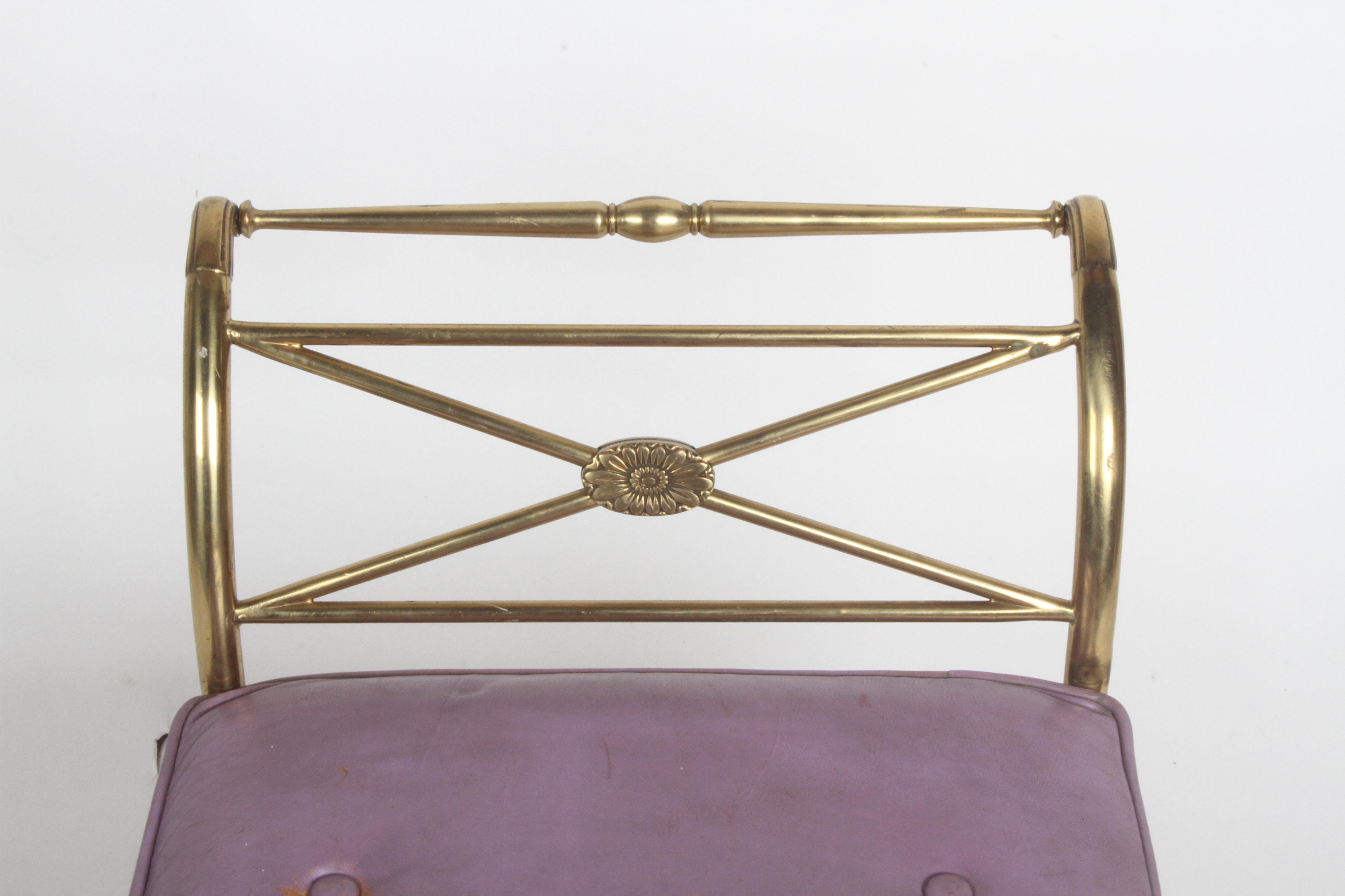 Hollywood Regency Italian Brass Bench with Arms on Tapered Legs Violet Leather 7