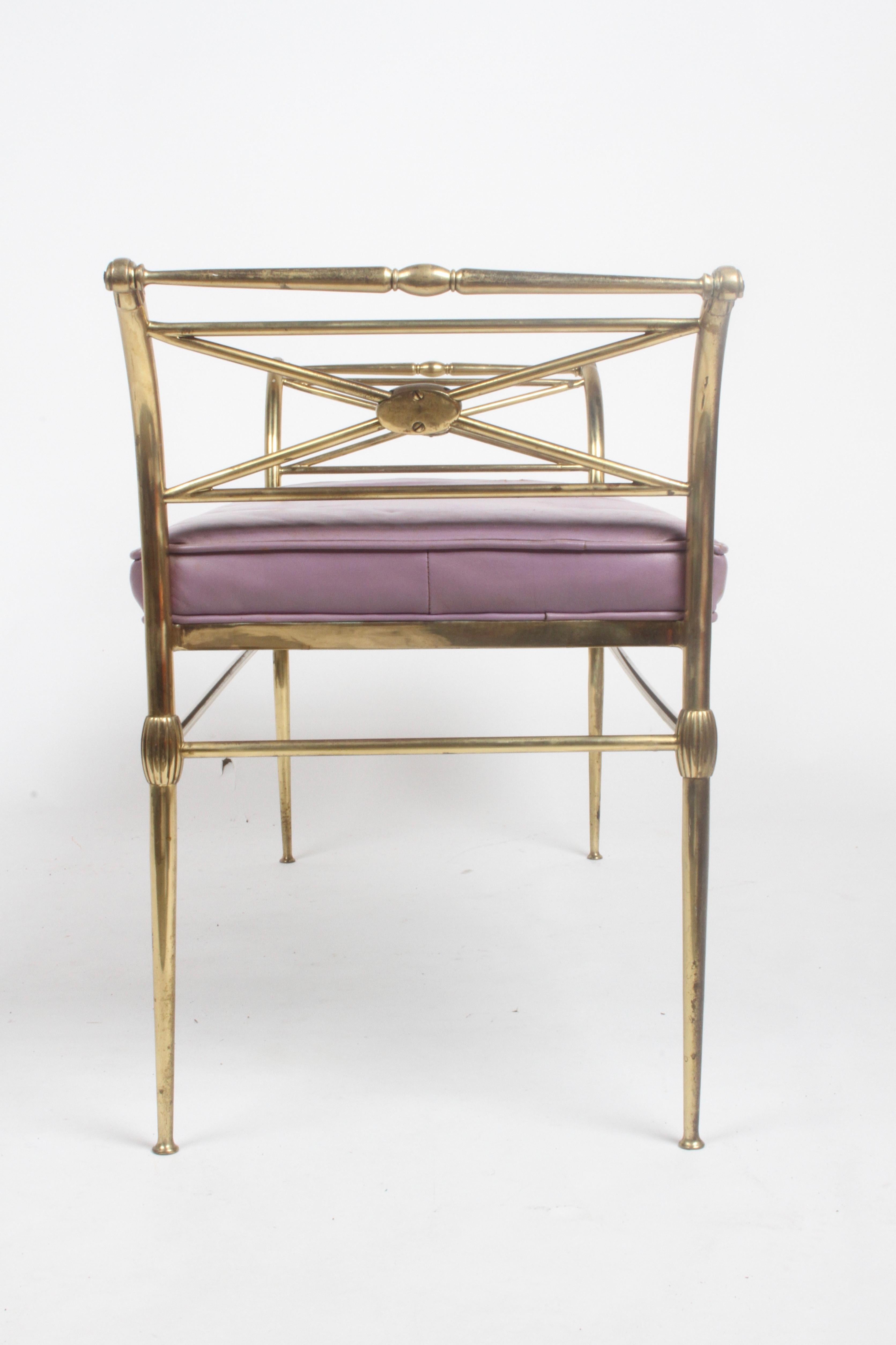 Hollywood Regency Italian Brass Bench with Arms on Tapered Legs Violet Leather 8