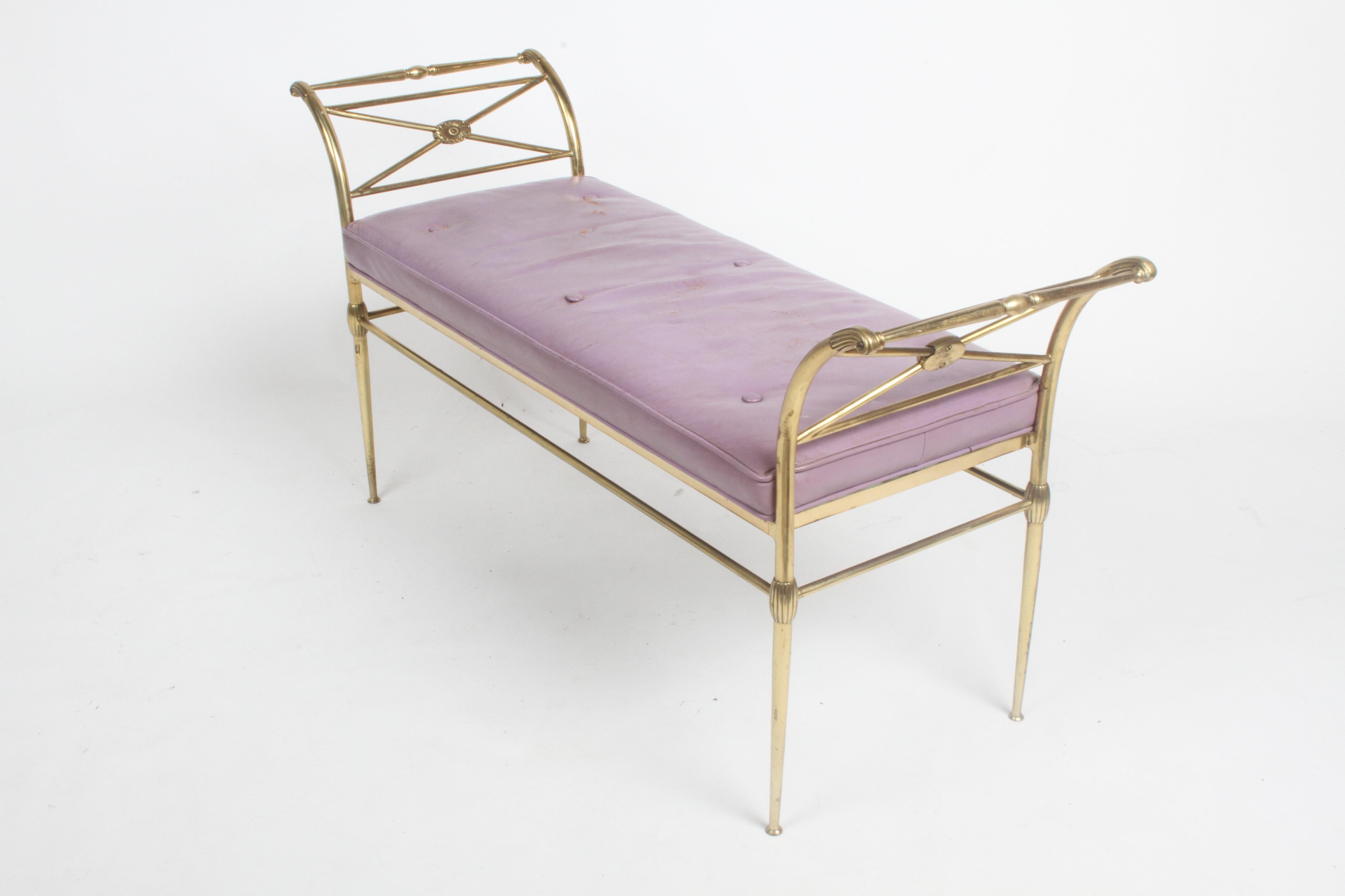 Hollywood Regency Italian Brass Bench with Arms on Tapered Legs Violet Leather 9