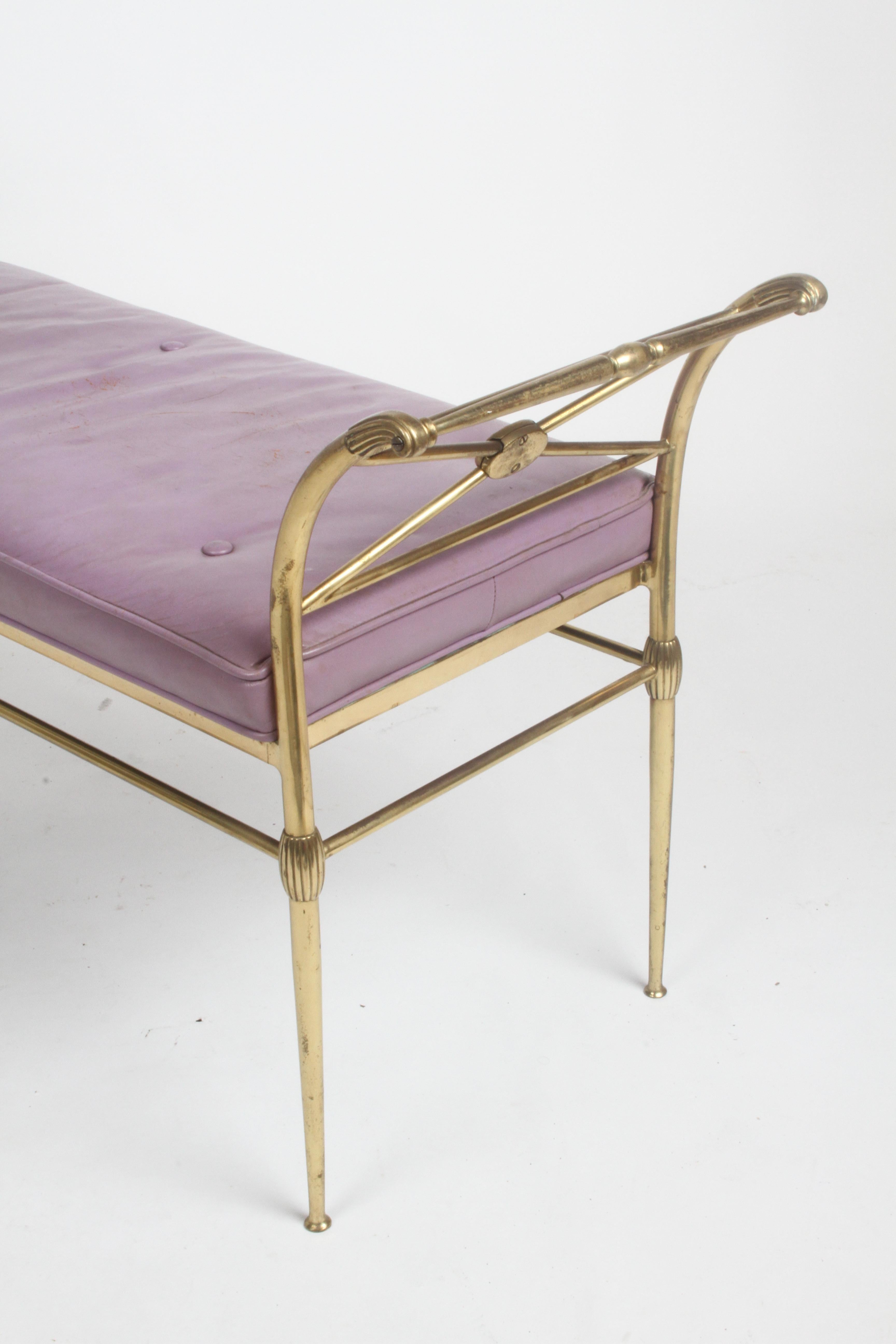 Hollywood Regency Italian Brass Bench with Arms on Tapered Legs Violet Leather 10