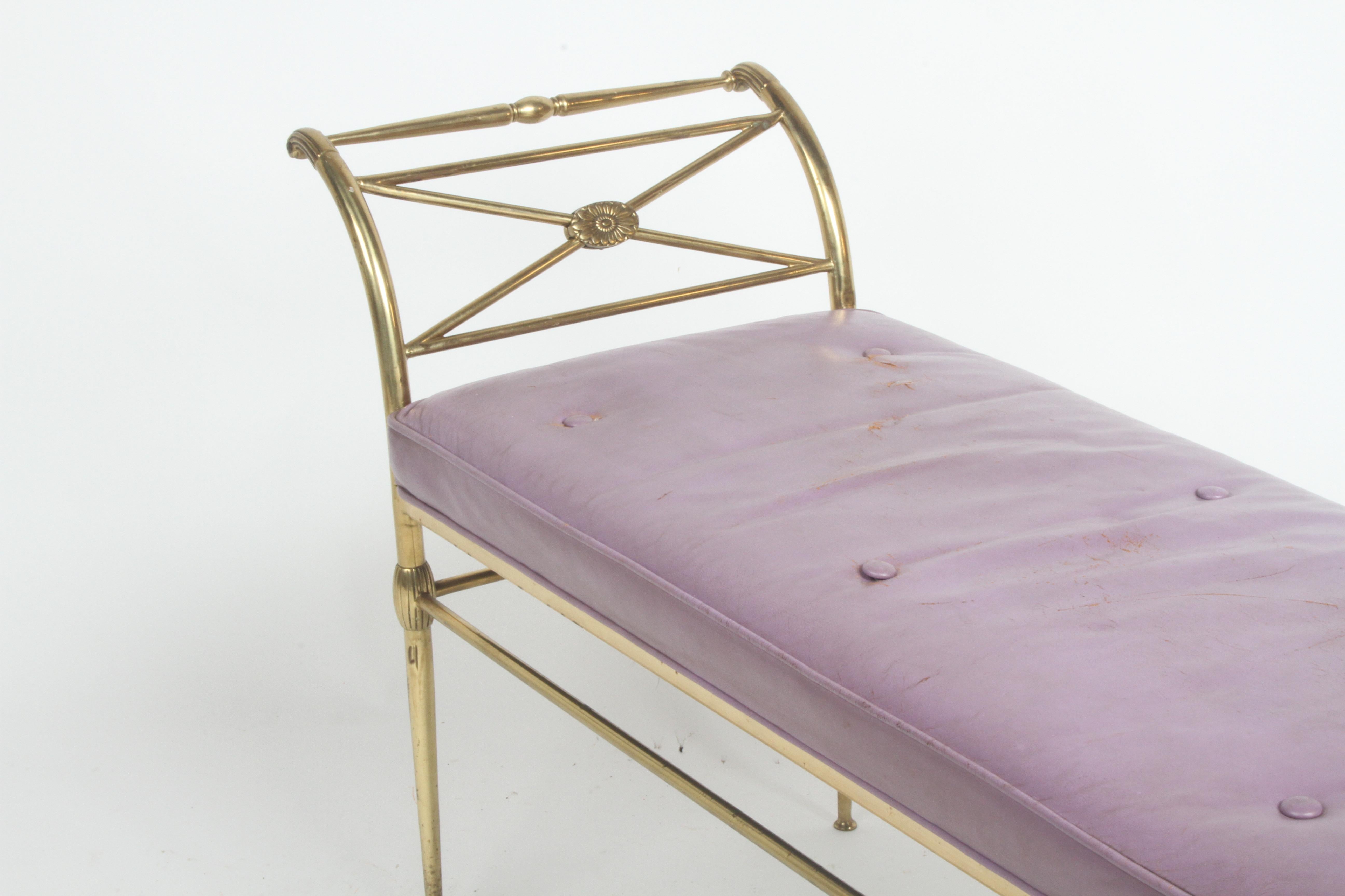 Hollywood Regency Italian Brass Bench with Arms on Tapered Legs Violet Leather 11
