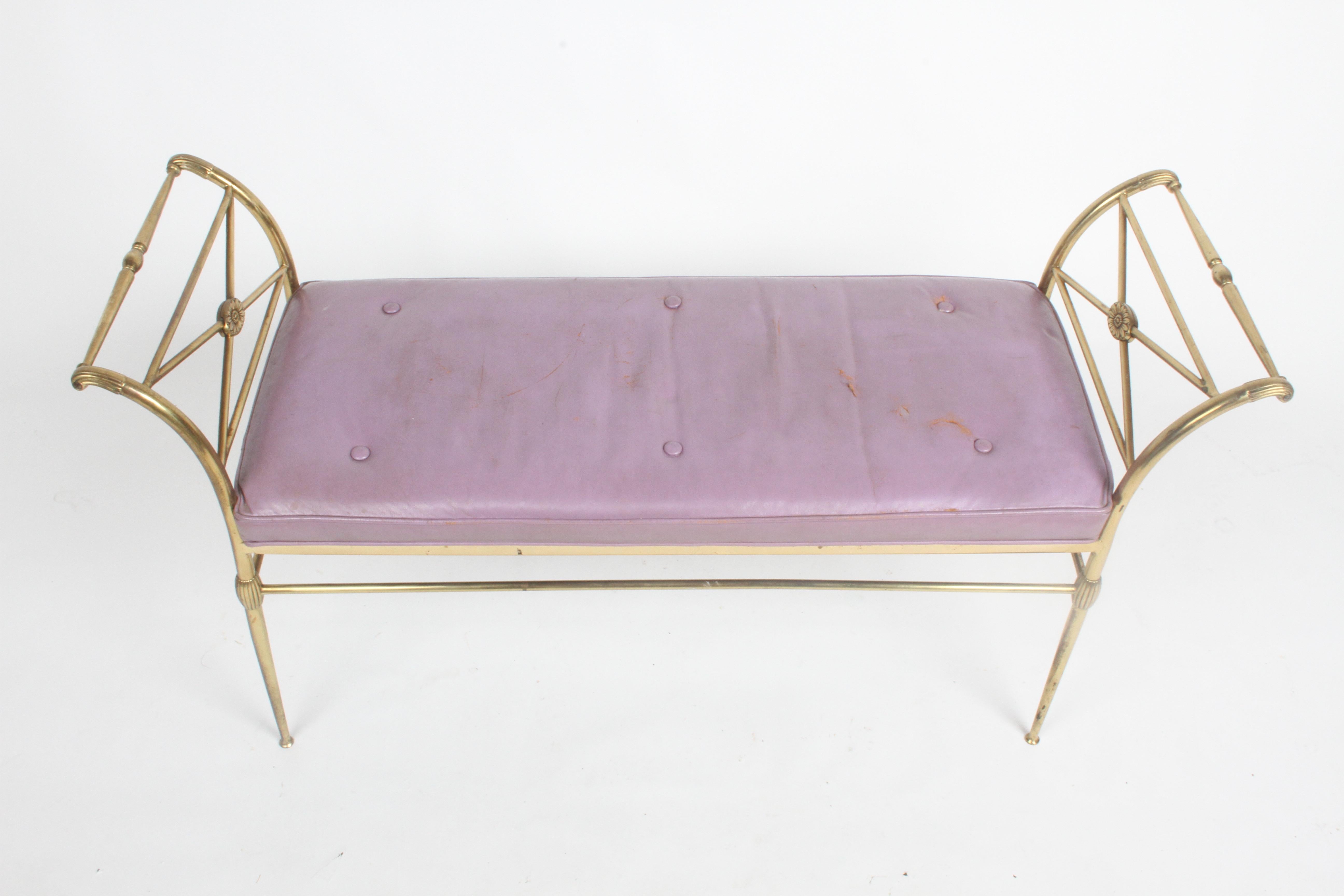 Hollywood Regency Italian Brass Bench with Arms on Tapered Legs Violet Leather In Good Condition In St. Louis, MO