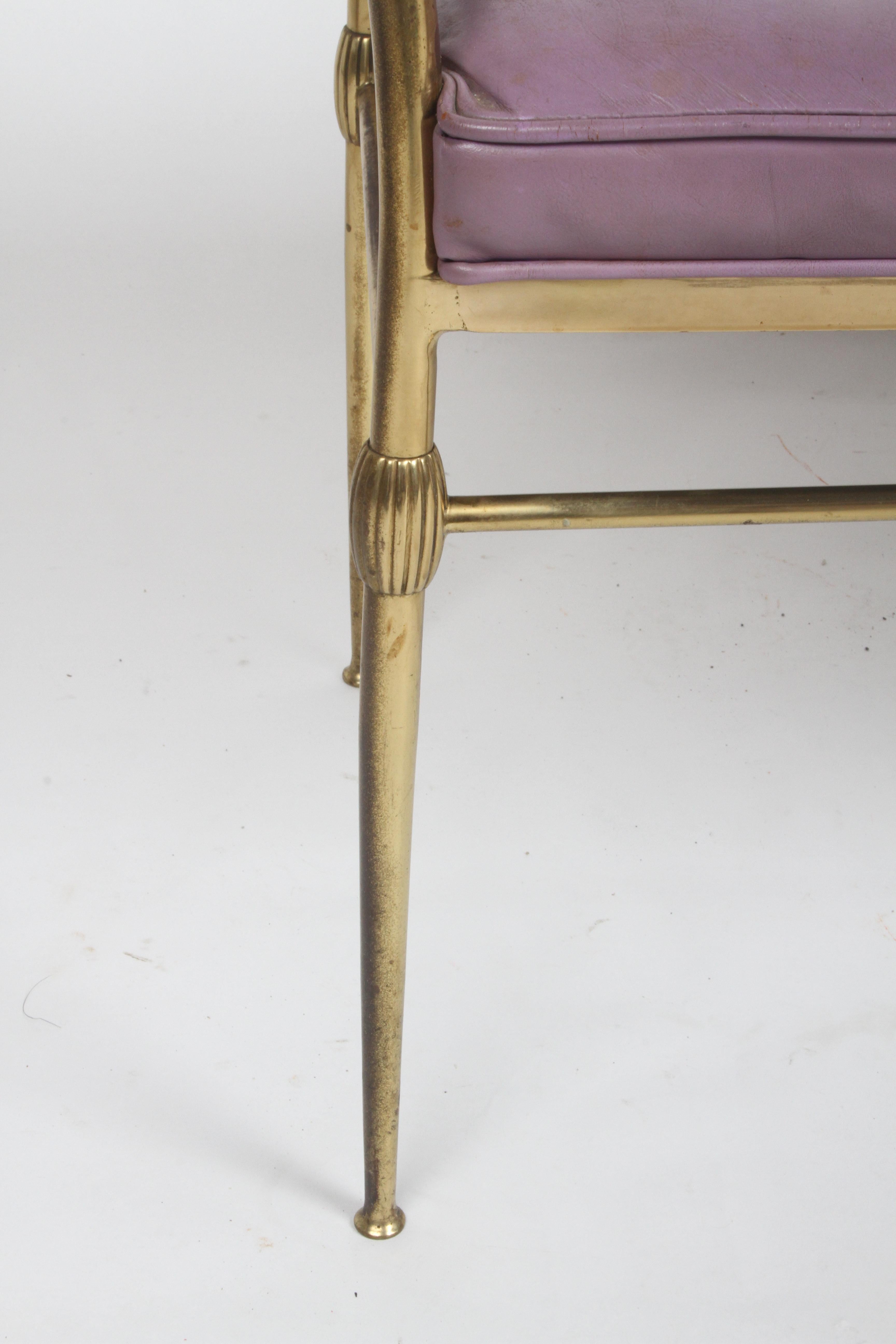 Hollywood Regency Italian Brass Bench with Arms on Tapered Legs Violet Leather 1