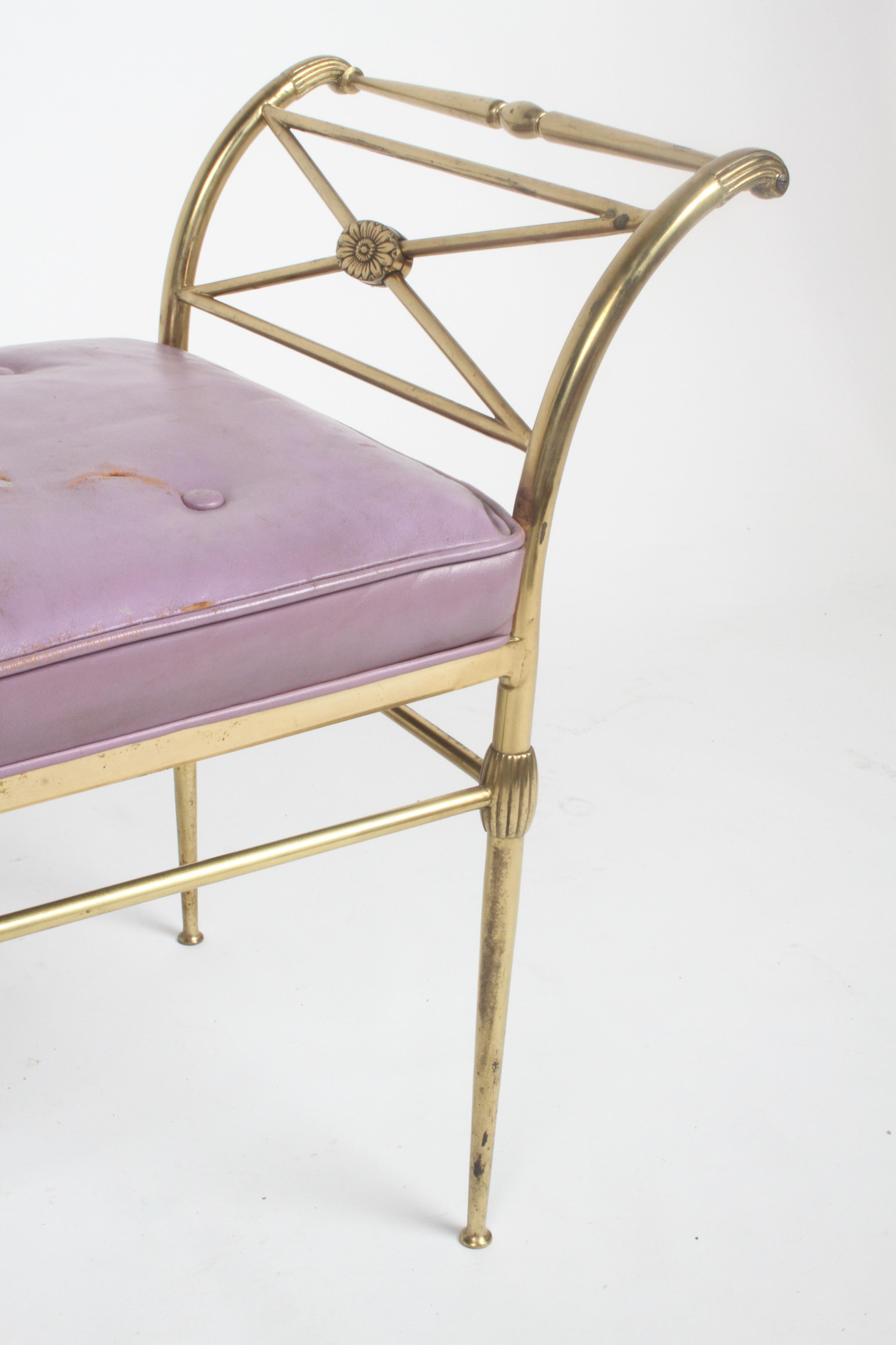 Hollywood Regency Italian Brass Bench with Arms on Tapered Legs Violet Leather 4
