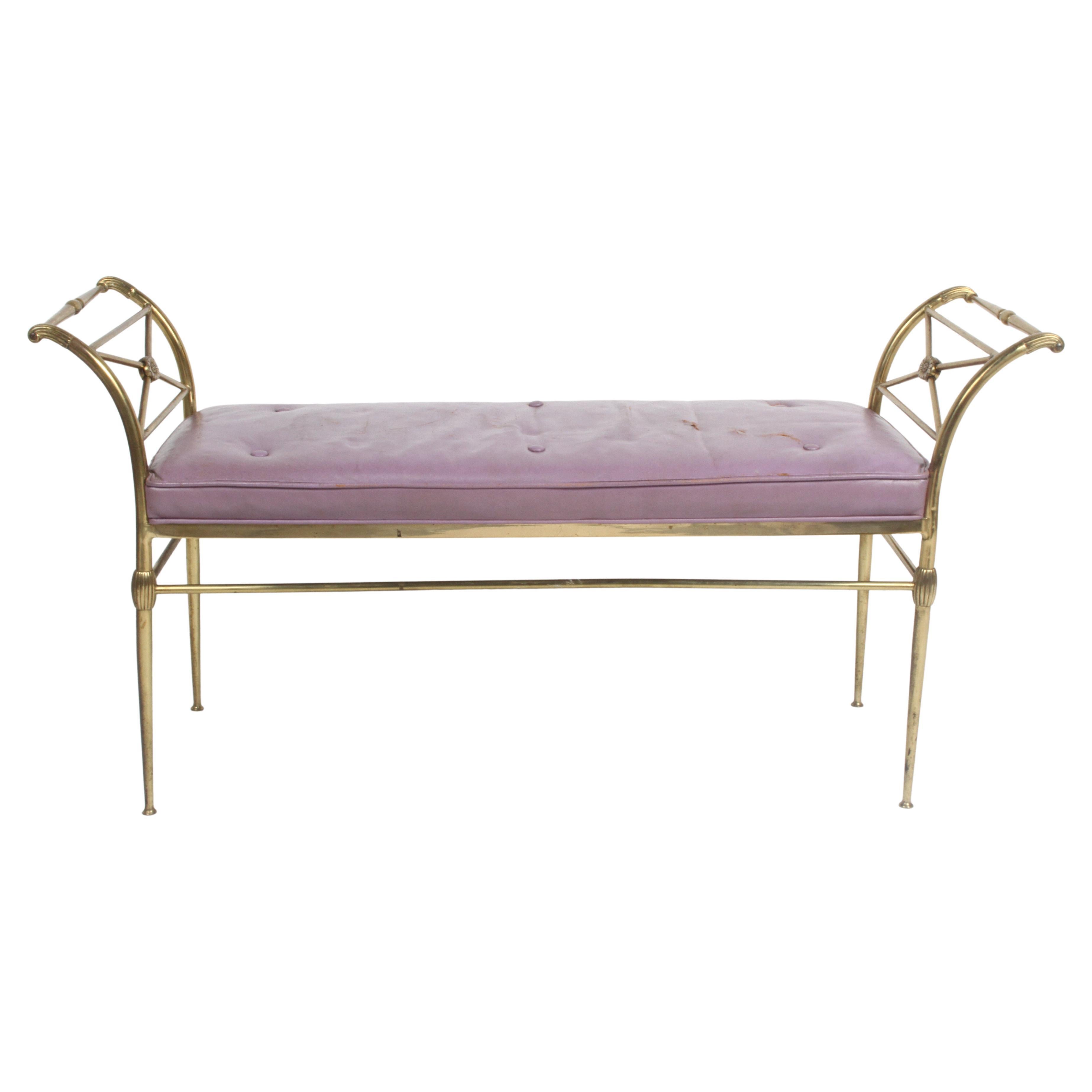 Hollywood Regency Italian Brass Bench with Arms on Tapered Legs Violet Leather