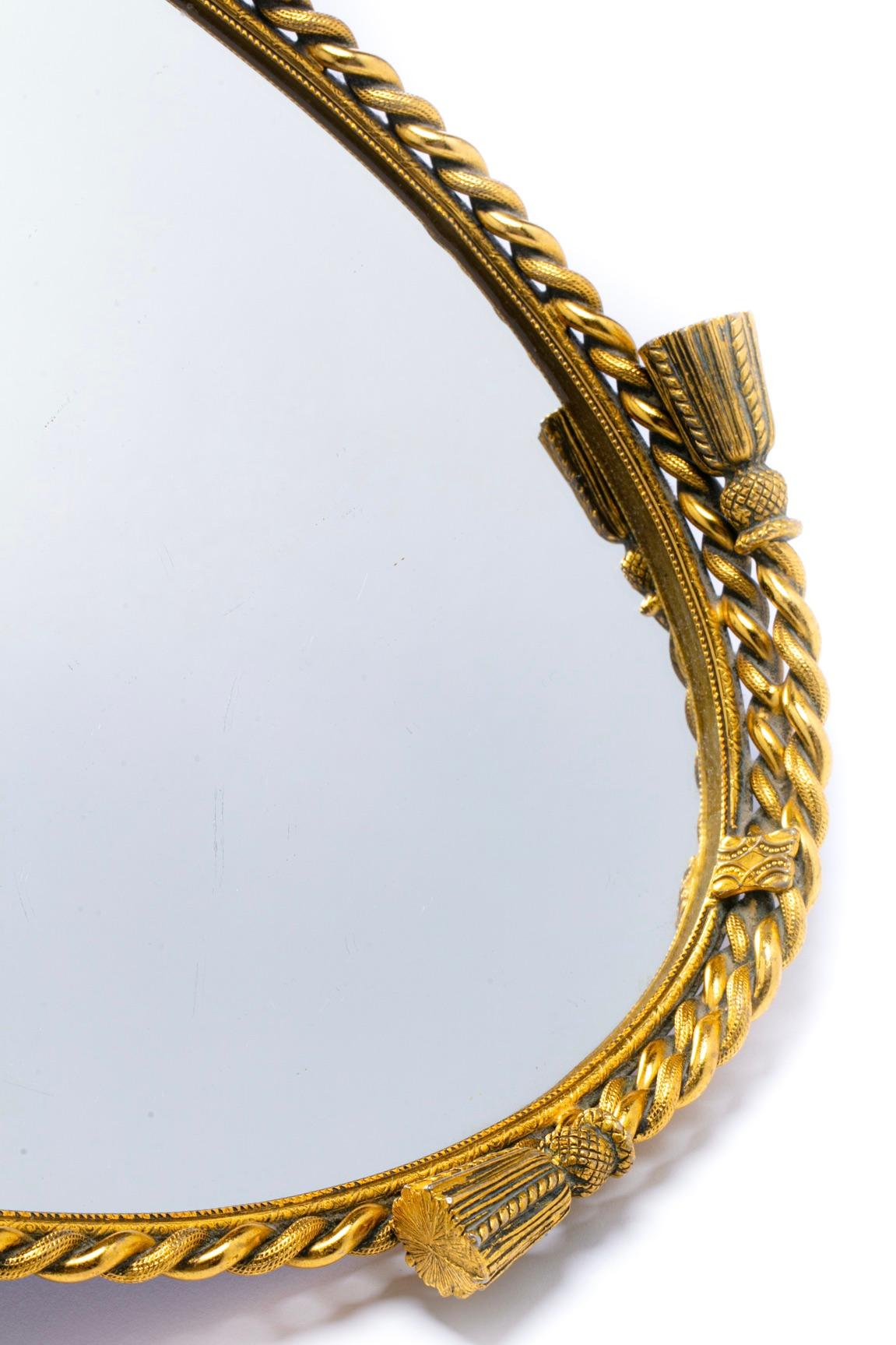 Hollywood Regency Italian Brass Rope & Tassel Framed Mirrored Tray c. 1965 In Good Condition For Sale In Saint Louis, MO