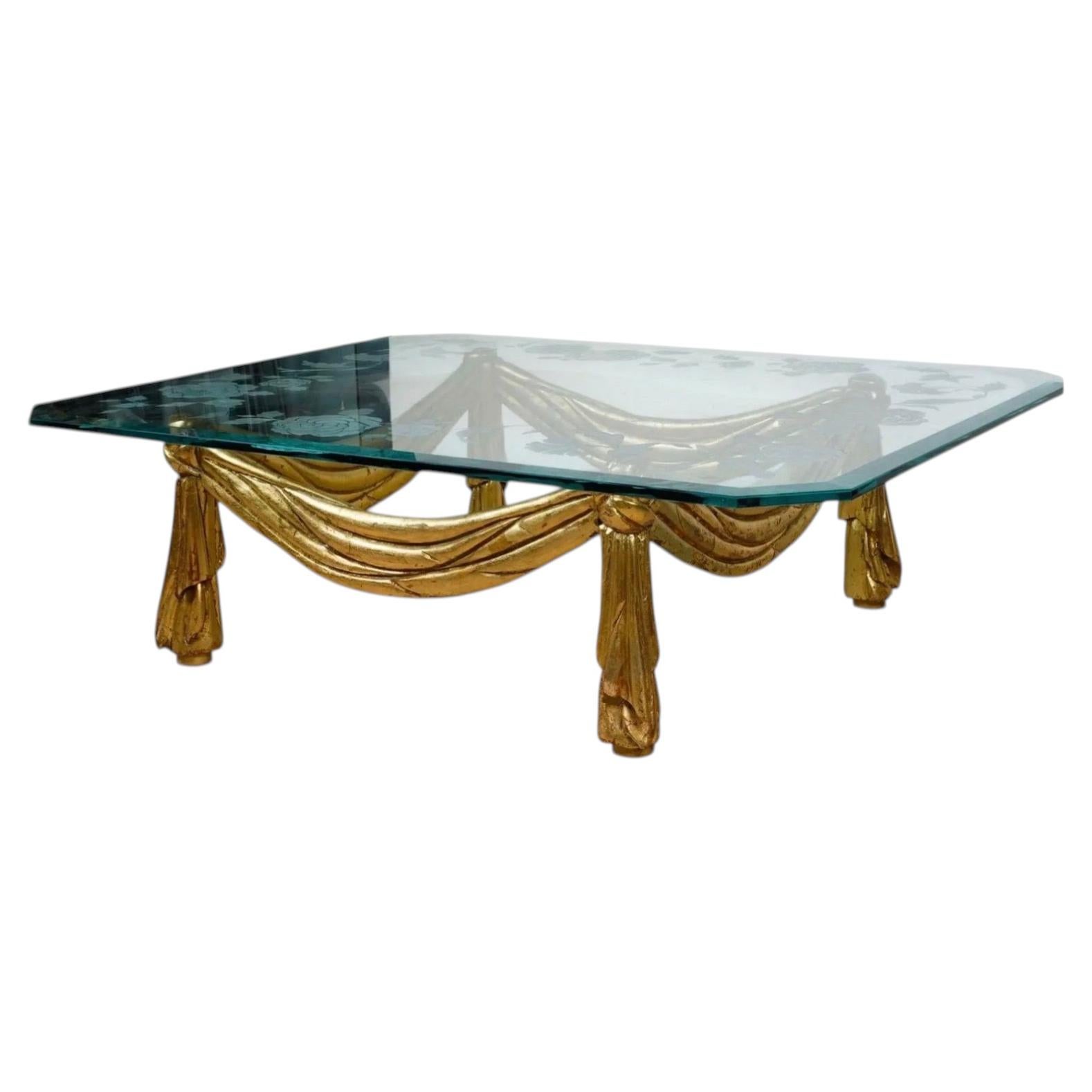 Hollywood Regency Italian Carved Giltwood and Glass Coffee Table