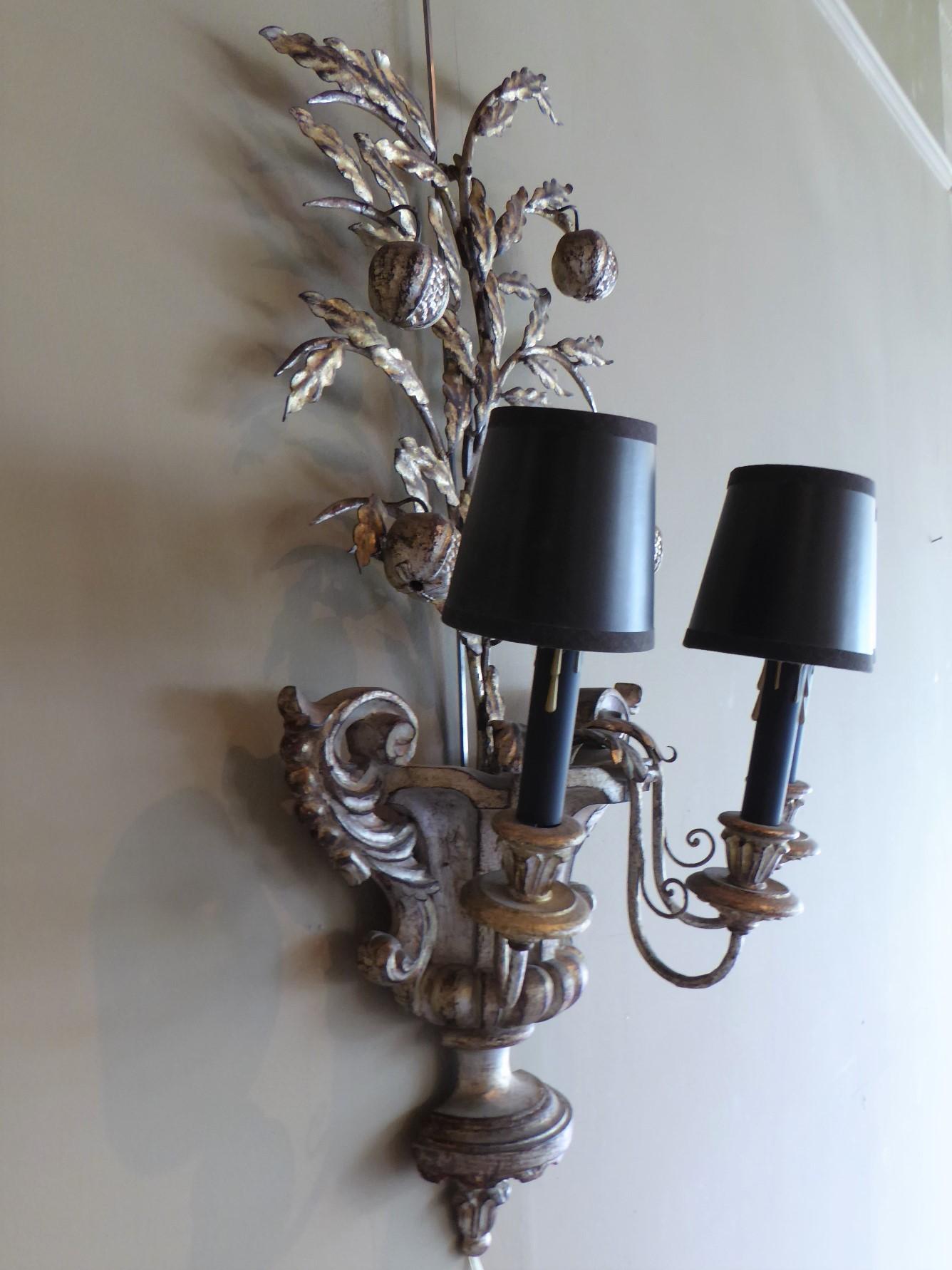 Hollywood Regency Italian Carved Silvered Wood & Metal Pomegranate Tree Sconce  For Sale 1