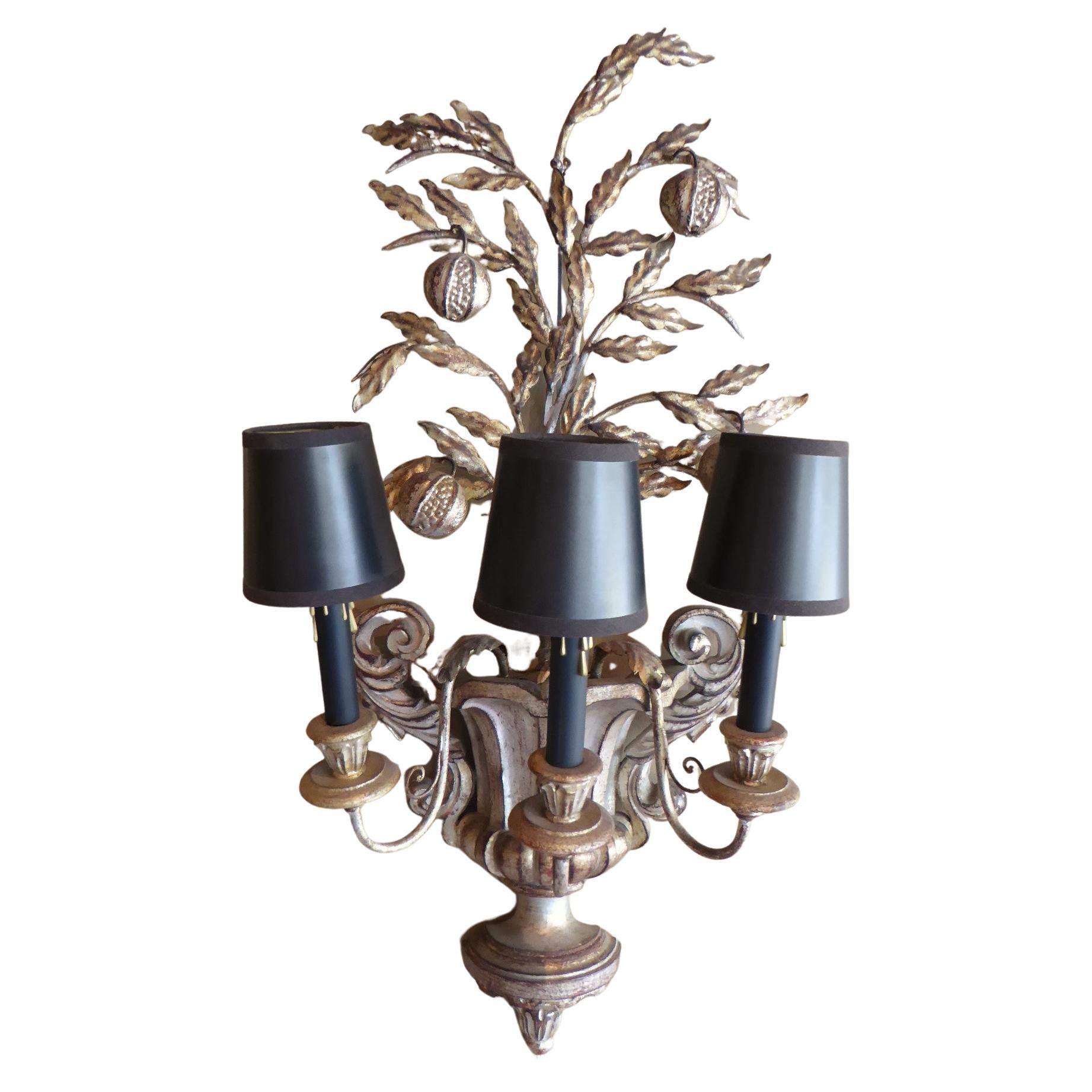 Hollywood Regency Italian Carved Silvered Wood & Metal Pomegranate Tree Sconce 