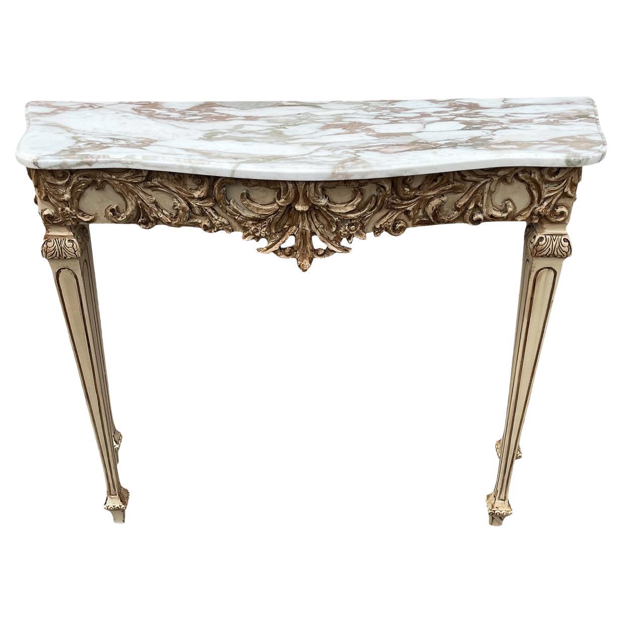 Hollywood Regency Italian Carved Wood & Marble Console Table or Hallway Table