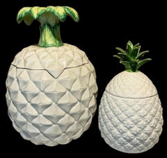 Hollywood Regency Italian Ceramic Pineapple Form Pottery Jars / Cachepots -Pair