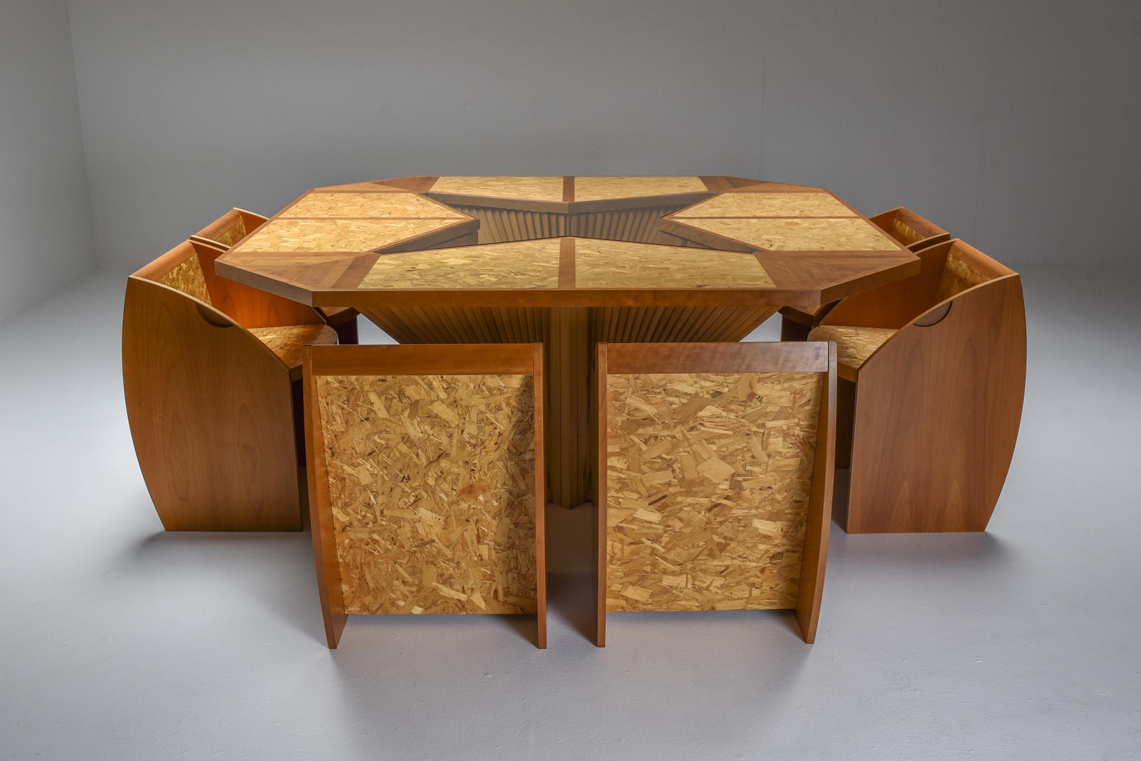 Mid-Century Modern; Hollywood Regency; dining set; Italian design; 1970's, Vivai del Sud inspired. 

Custom one-of-a-Kind dining set with a lot of precious material patterns creating this true conversation piece for your dining area.