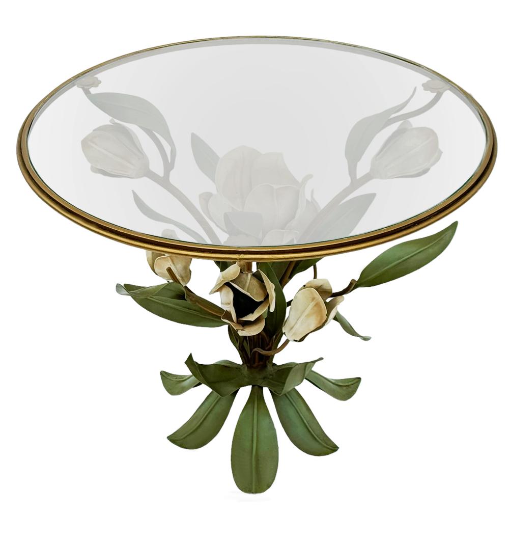 Hollywood Regency Italian Floral Brass & Glass Side Table or Cocktail Table  In Good Condition For Sale In Philadelphia, PA