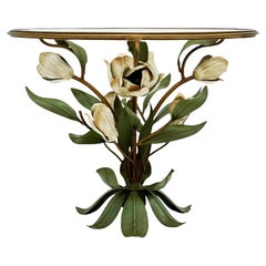 Used Hollywood Regency Italian Floral Brass & Glass Side Table or Cocktail Table 