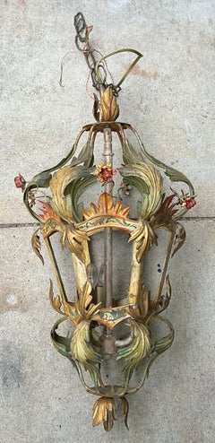 Hollywood Regency Italian Floral Tole Painted Lantern / Chandelier - 3 Lights