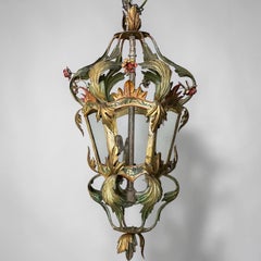 Hollywood Regency Farol / Candelabro Italiano Pintado con Tole Floral - 3 Luces