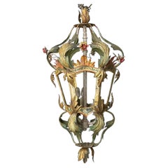 Hollywood Regency Italian Floral Tole Painted Lantern / Chandelier - 3 Lights