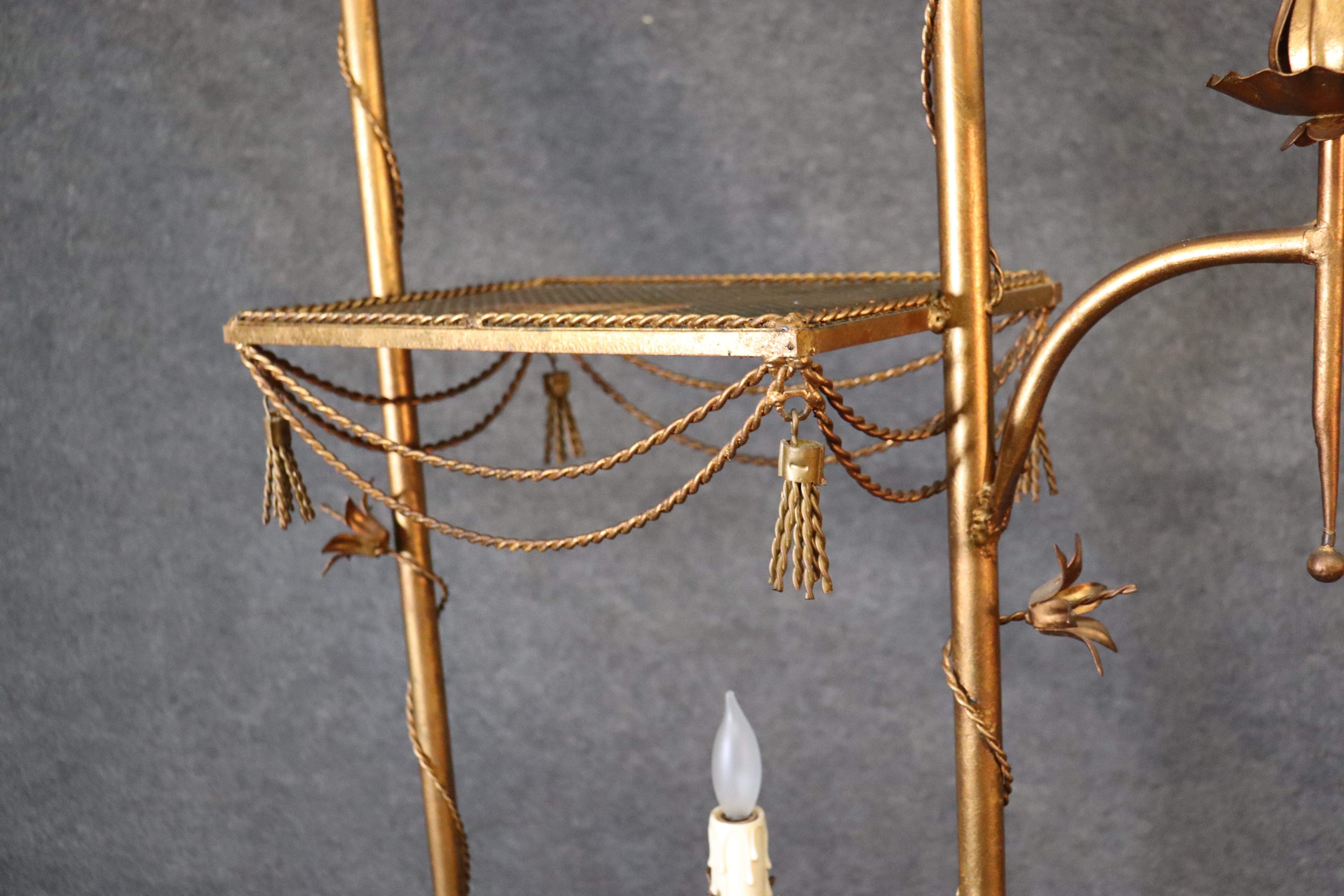 Wrought Iron Hollywood Regency Italian Gilded Tole Metal Étagère with Candle-Form Lights