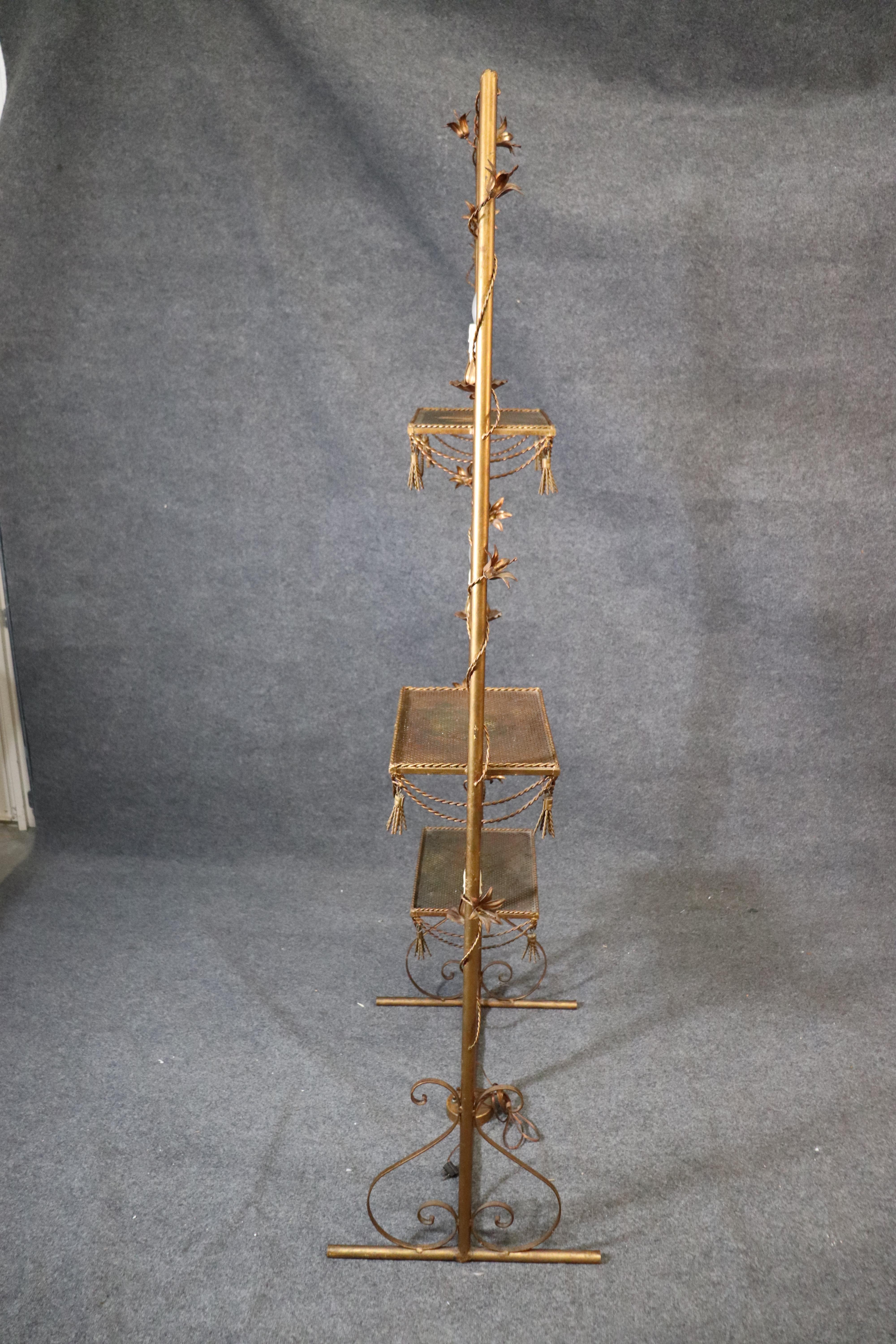 Hollywood Regency Italian Gilded Tole Metal Étagère with Candle-Form Lights 1