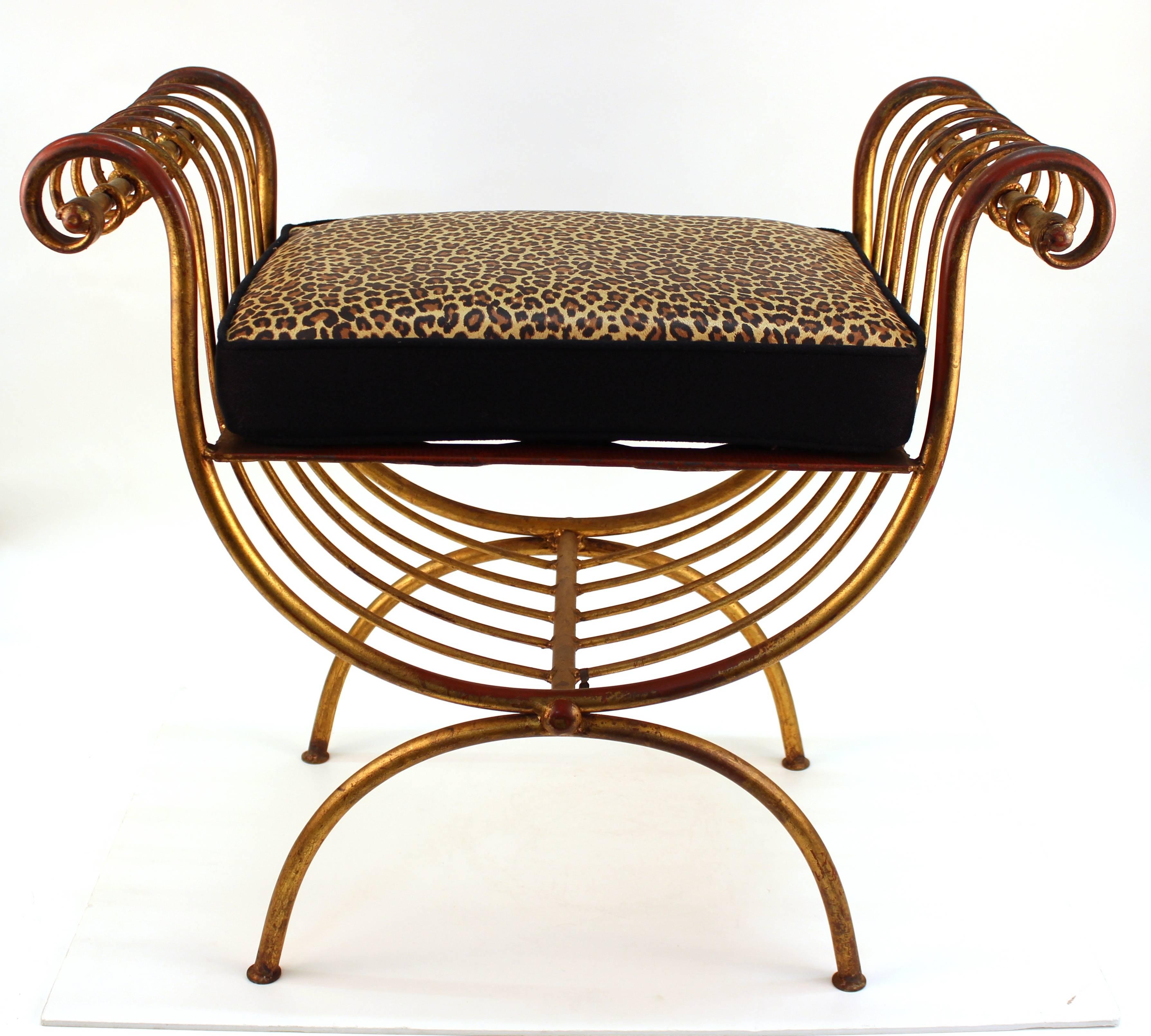 Mid-20th Century Hollywood Regency Italian Gilded Wrought Iron Benches in Leopard Print Leather