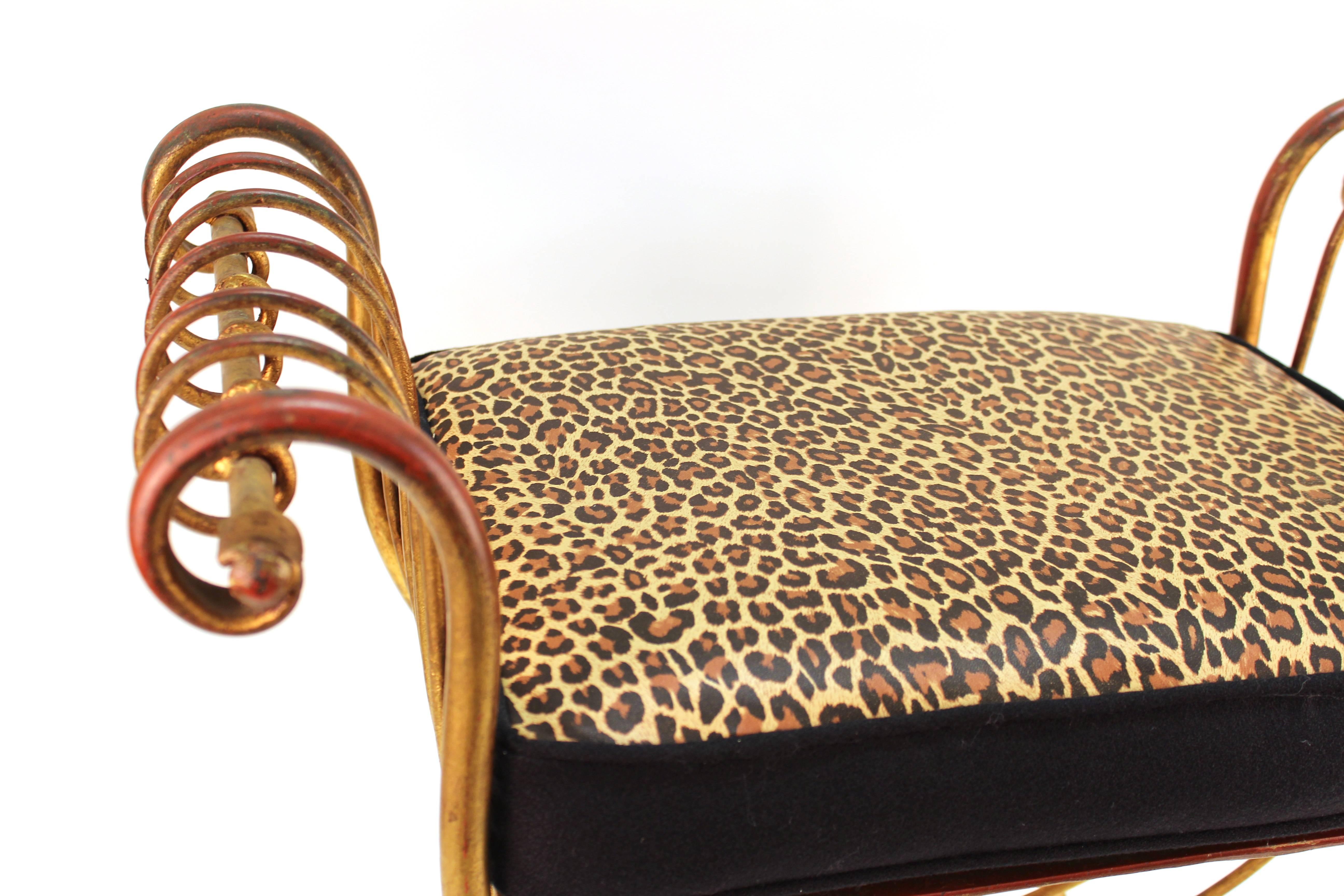 Hollywood Regency Italian Gilded Wrought Iron Benches in Leopard Print Leather 1