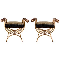 Hollywood Regency Italian Gilded Wrought Iron Benches in Leopard Print Leather