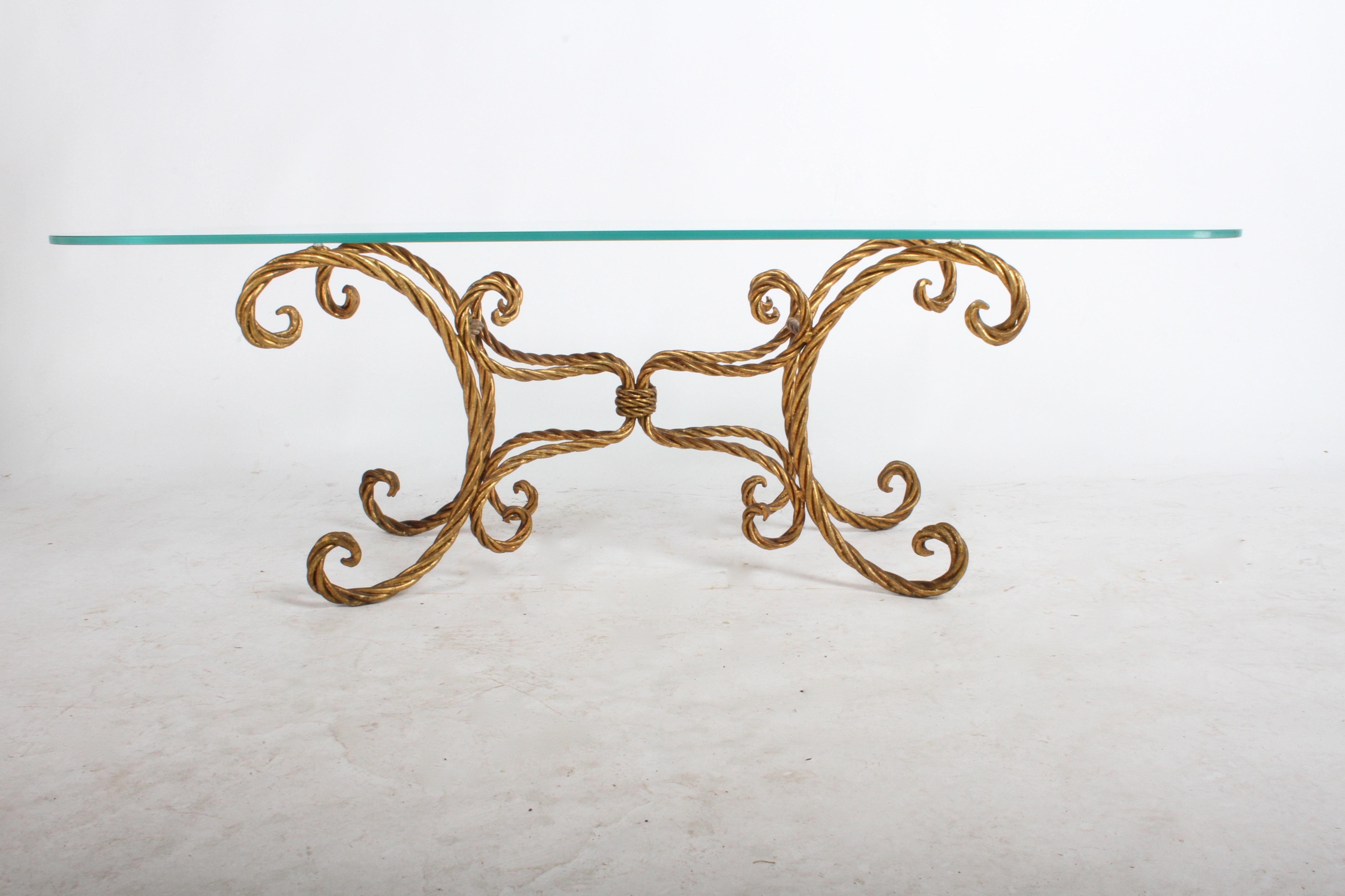 Hollywood Regency Italian Gilt Braided Rope Coffee Table In Good Condition For Sale In St. Louis, MO
