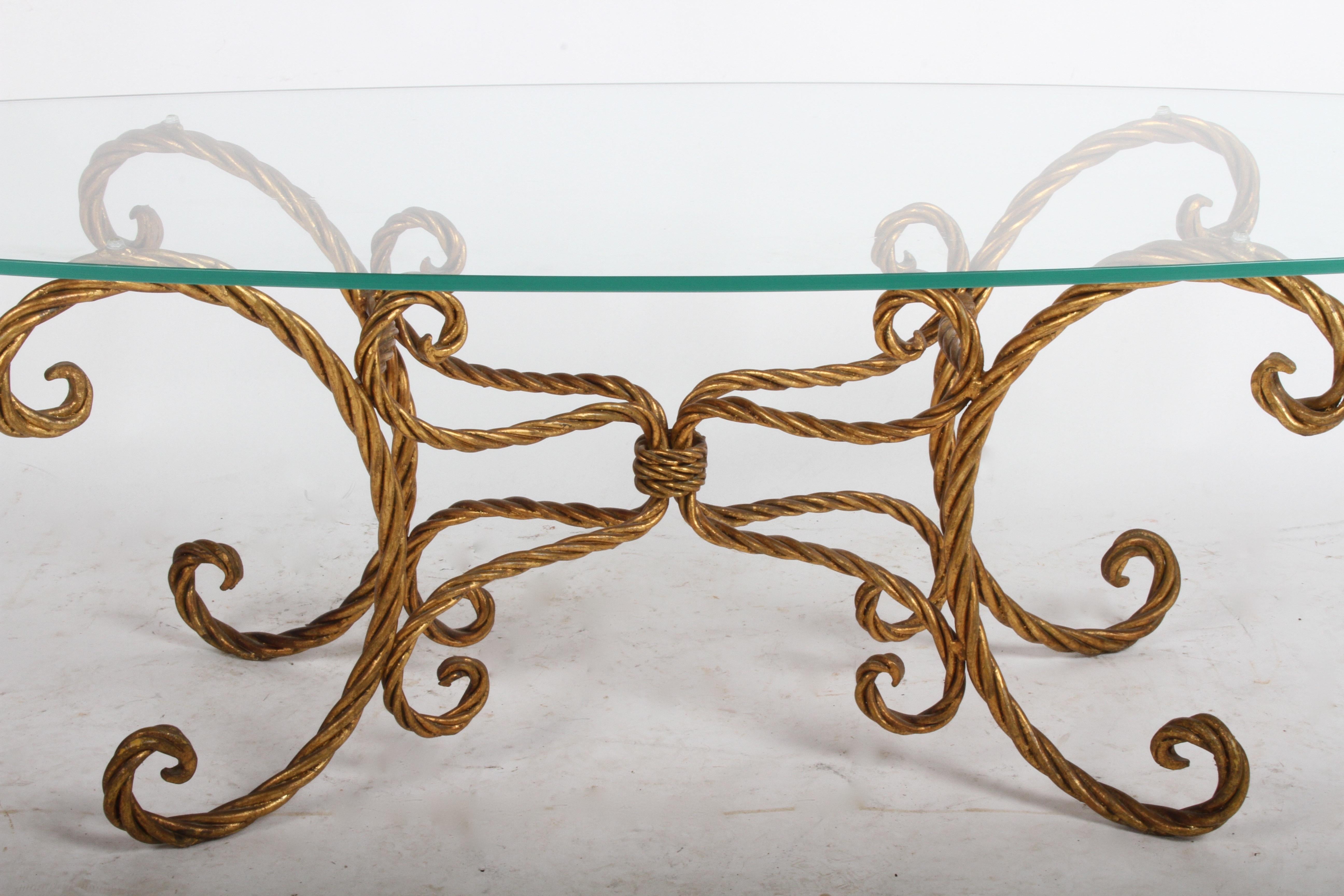 Mid-20th Century Hollywood Regency Italian Gilt Braided Rope Coffee Table For Sale