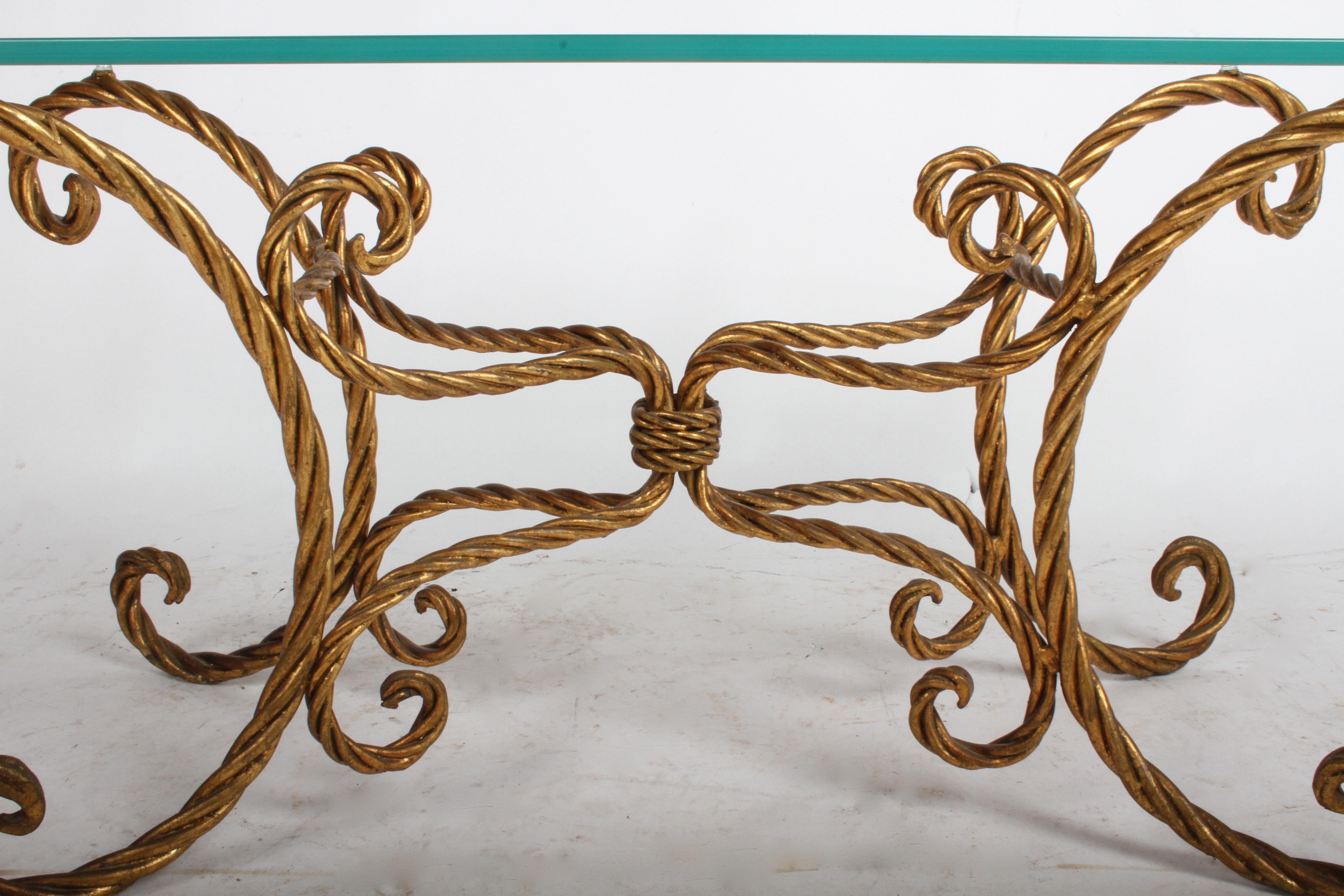 Hollywood Regency Italian Gilt Braided Rope Coffee Table For Sale 1