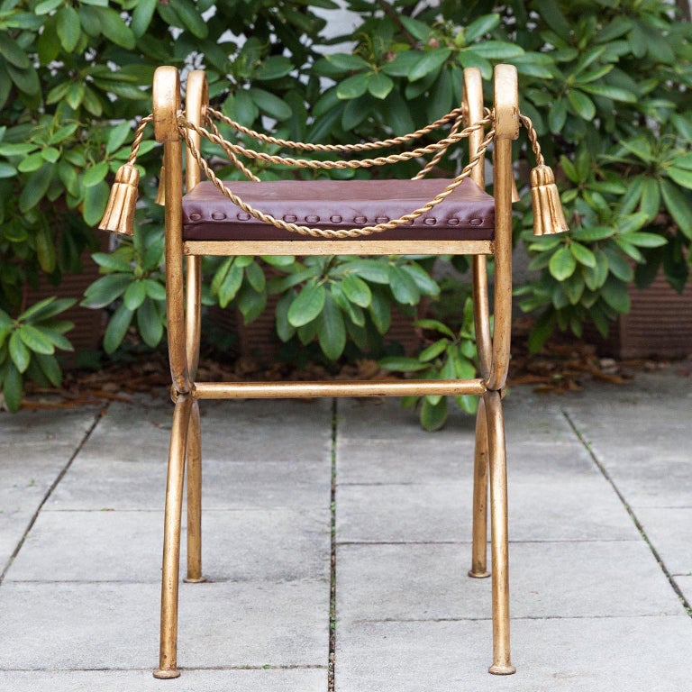 Hollywood Regency Italian Gilt Iron Tassel Chair Piano Stool For Sale